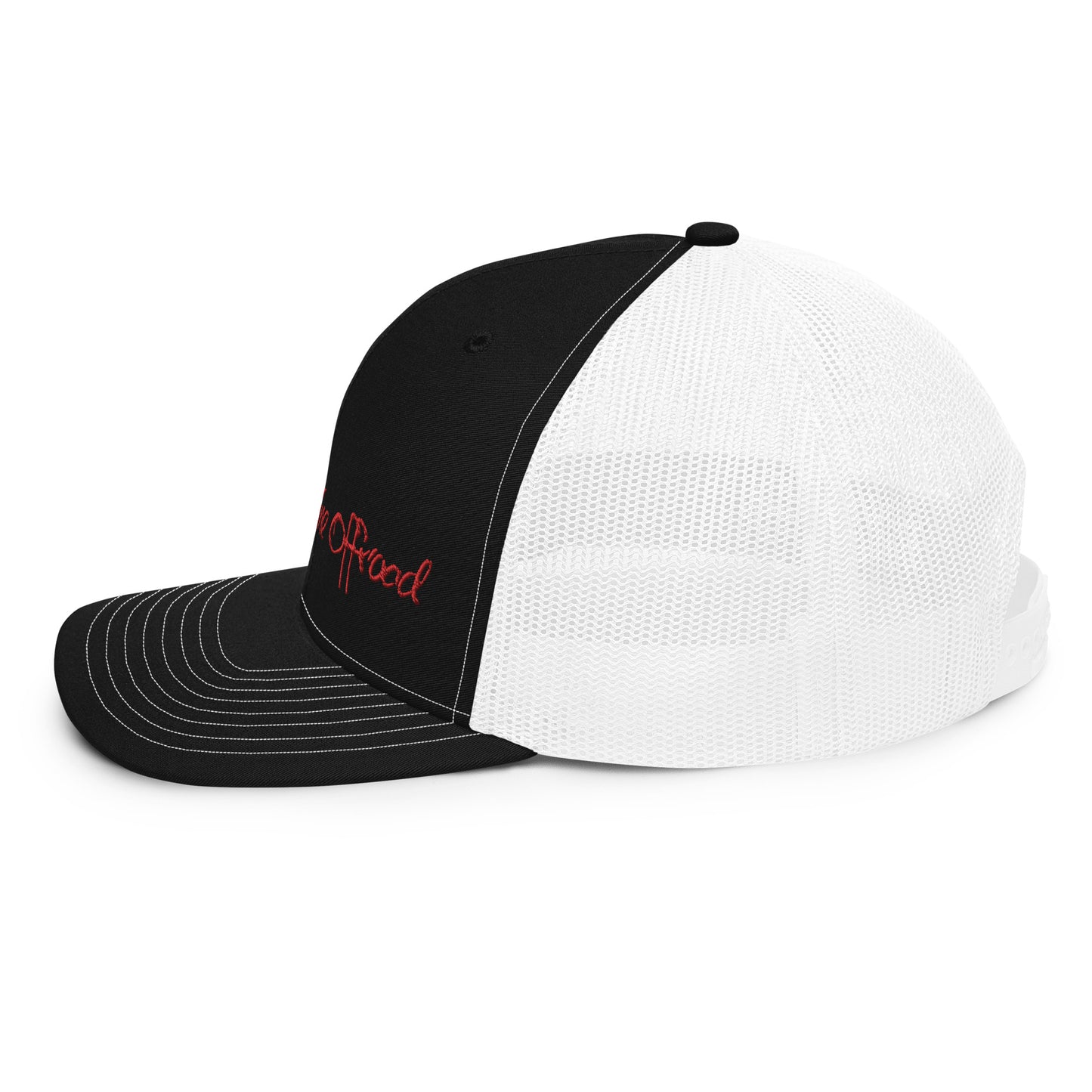 a black and white hat with a red embroidered logo