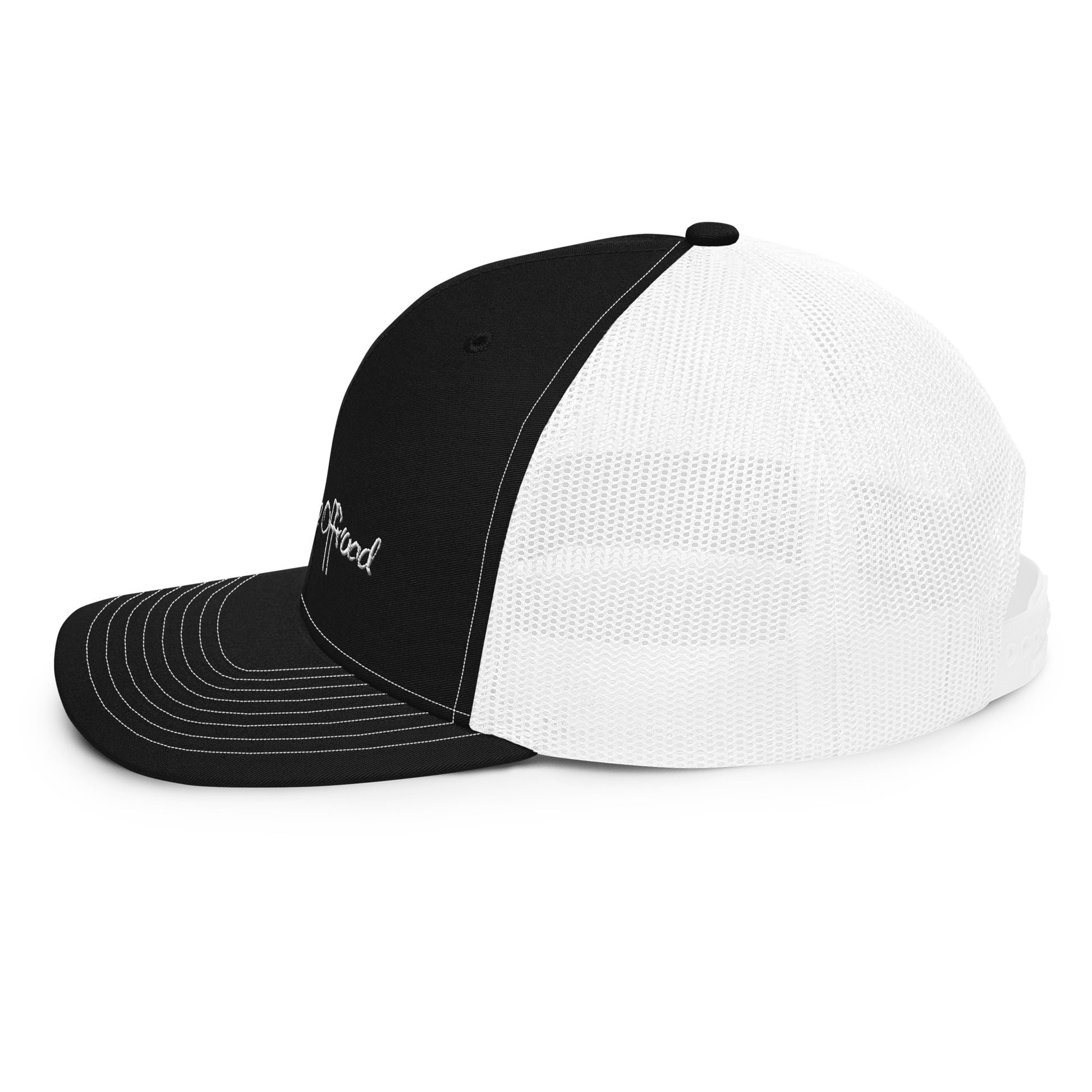 a black and white hat on a white background