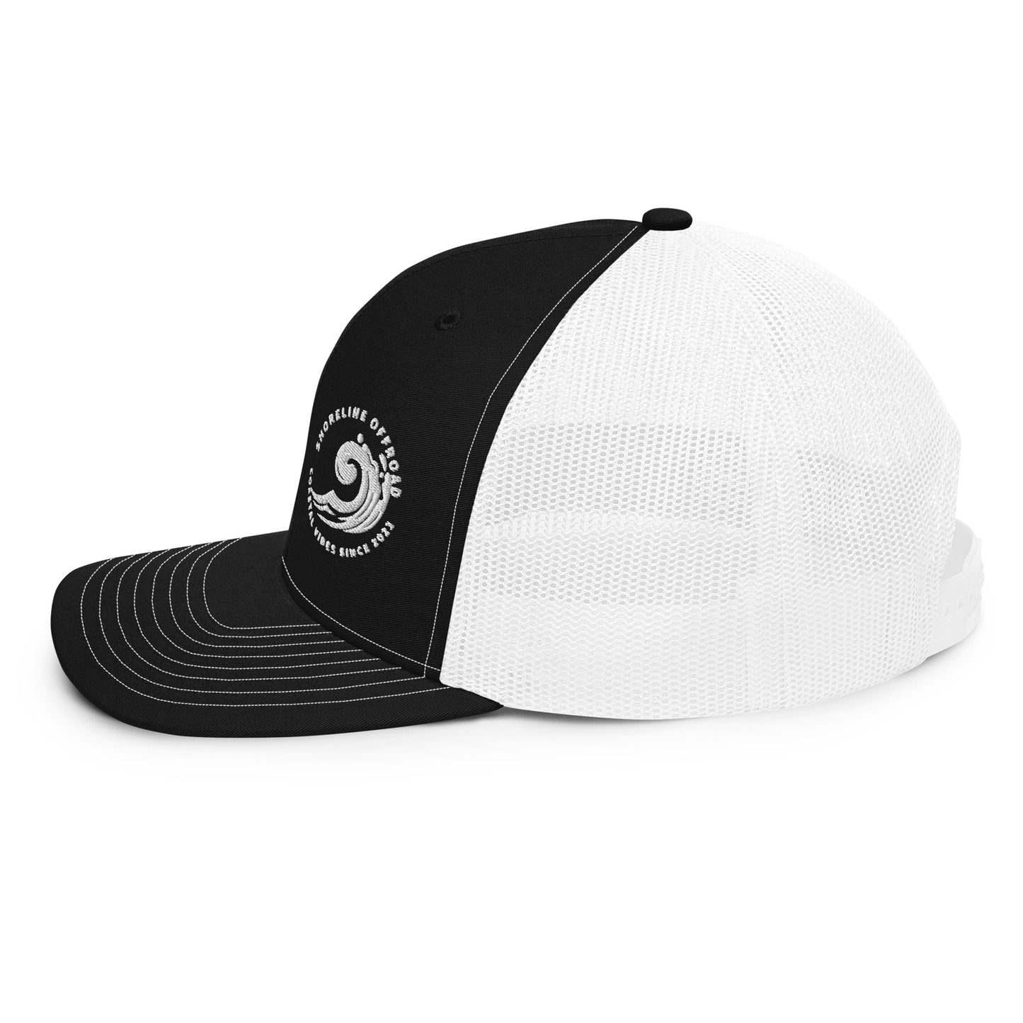 a black and white trucker hat with a white bill
