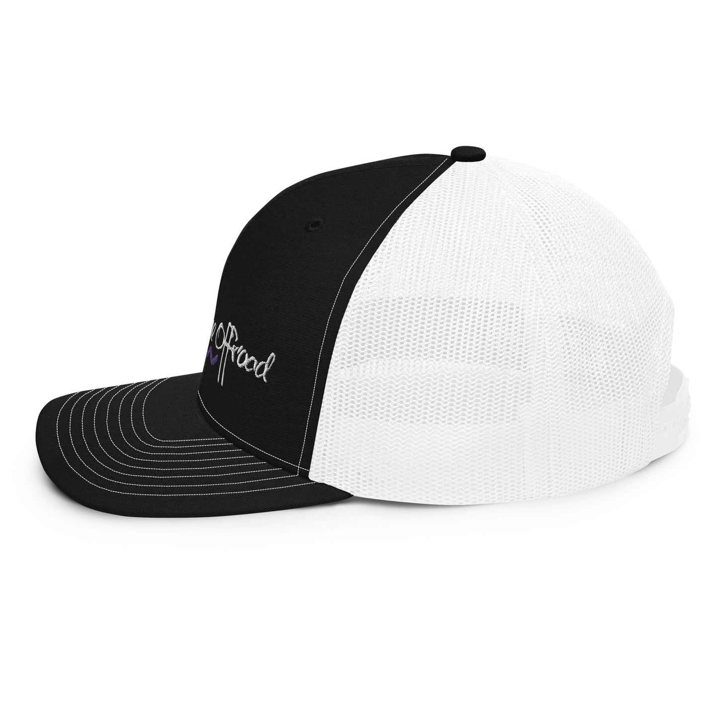 a black and white trucker hat with the word good on it