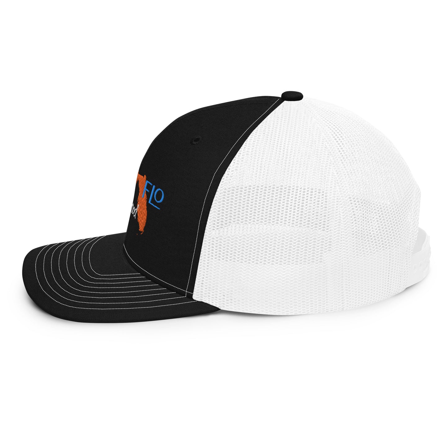 a black and white hat with an orange and blue logo