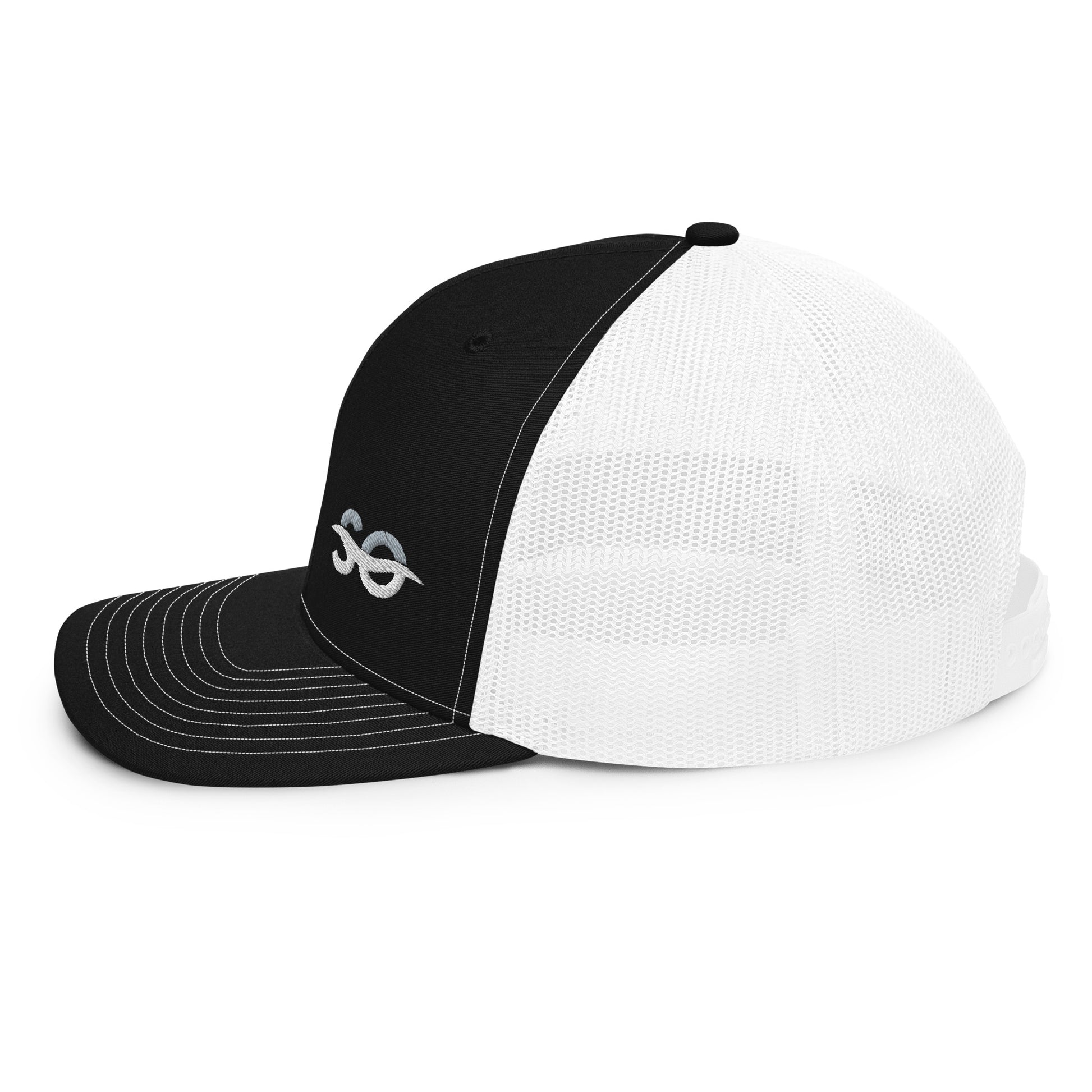 a black and white hat on a white background