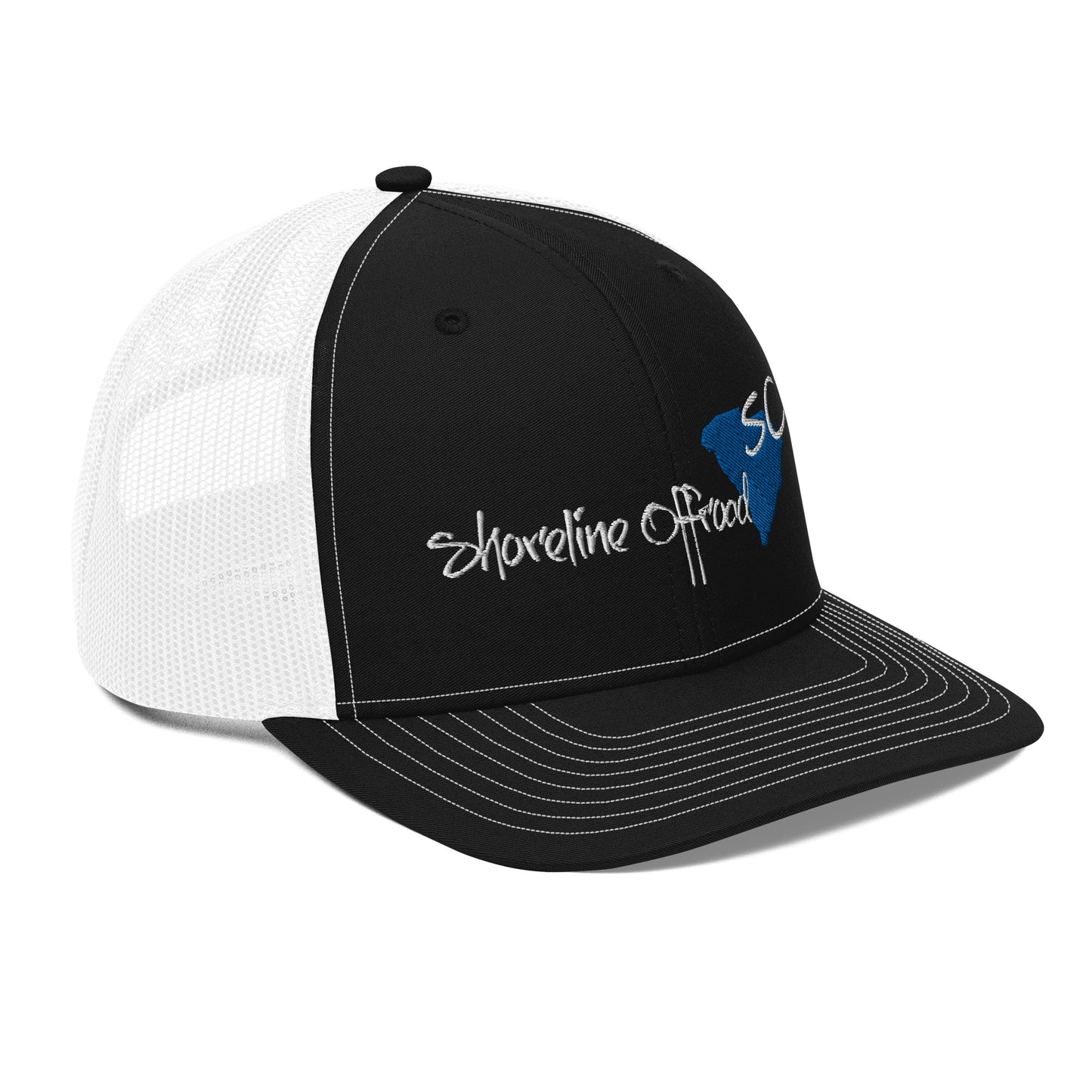 a black and white trucker hat with a blue bird on it
