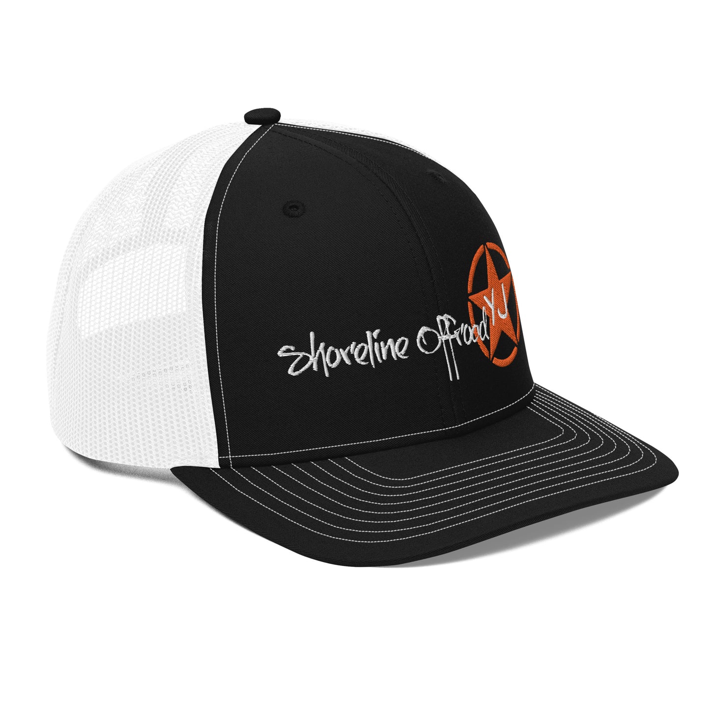 a black and white trucker hat with an orange and white logo