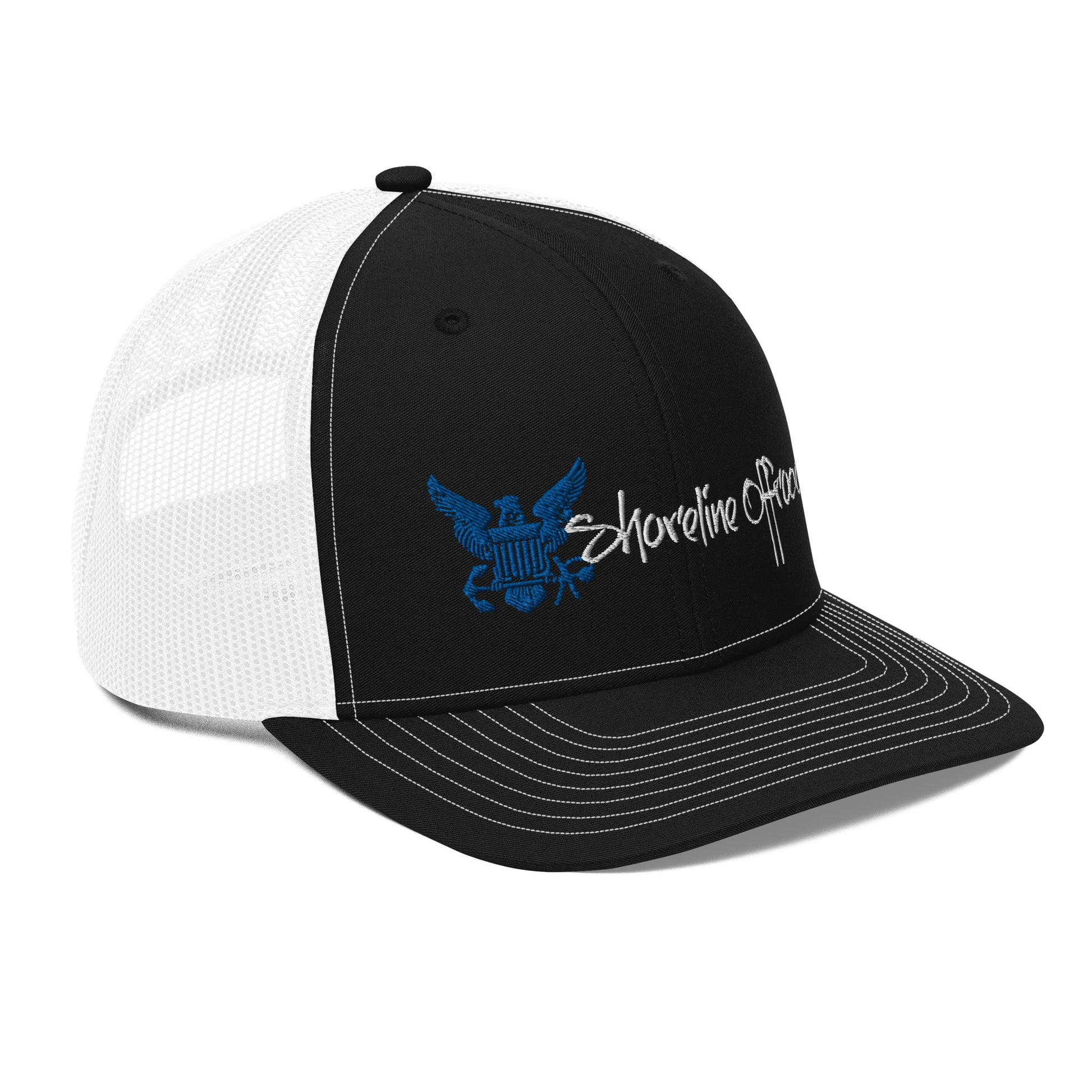 a black and white trucker hat with a blue logo