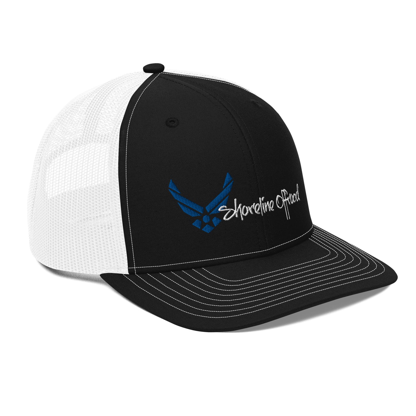 a black and white hat with a blue eagle on it