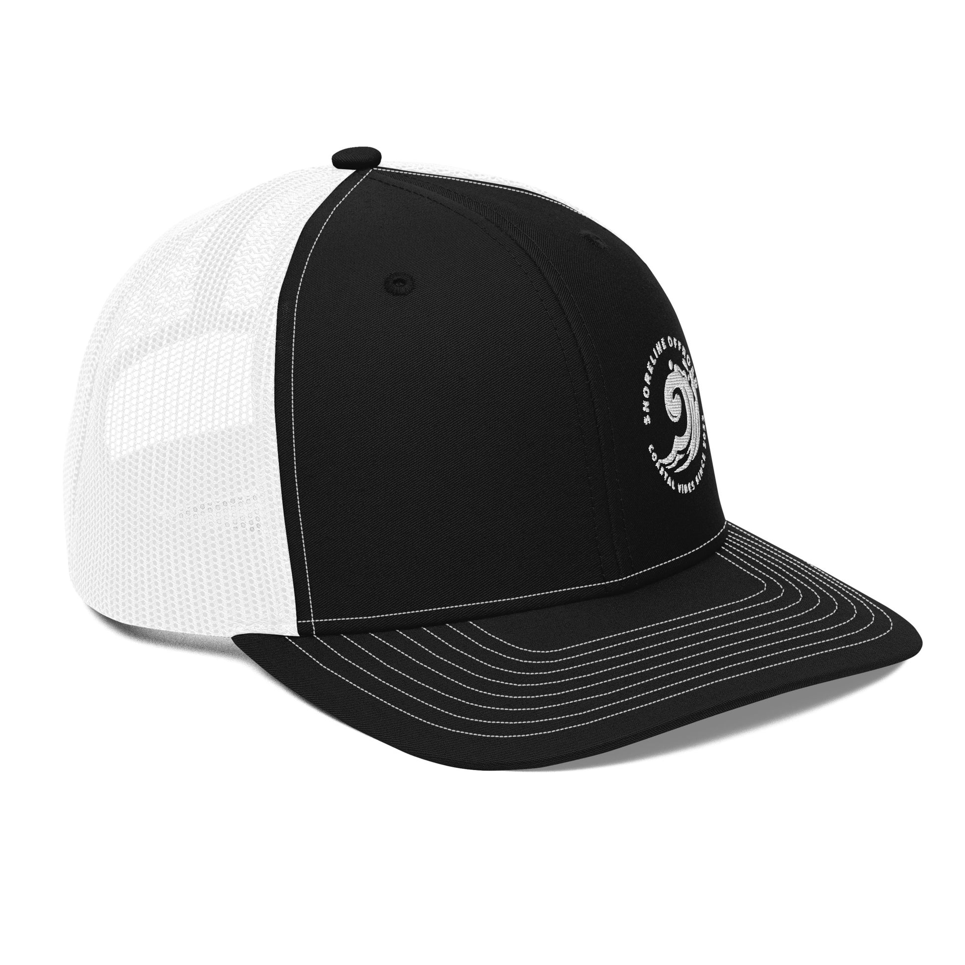 a black and white hat with a skull on it
