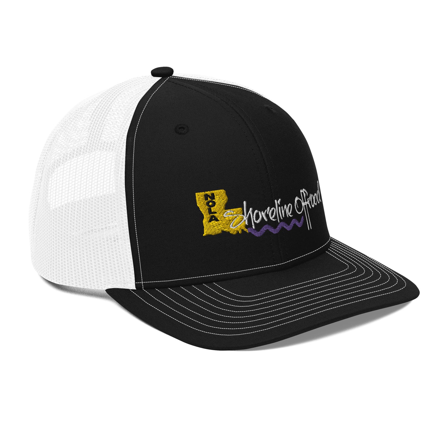 a black and white trucker hat with a yellow and purple logo