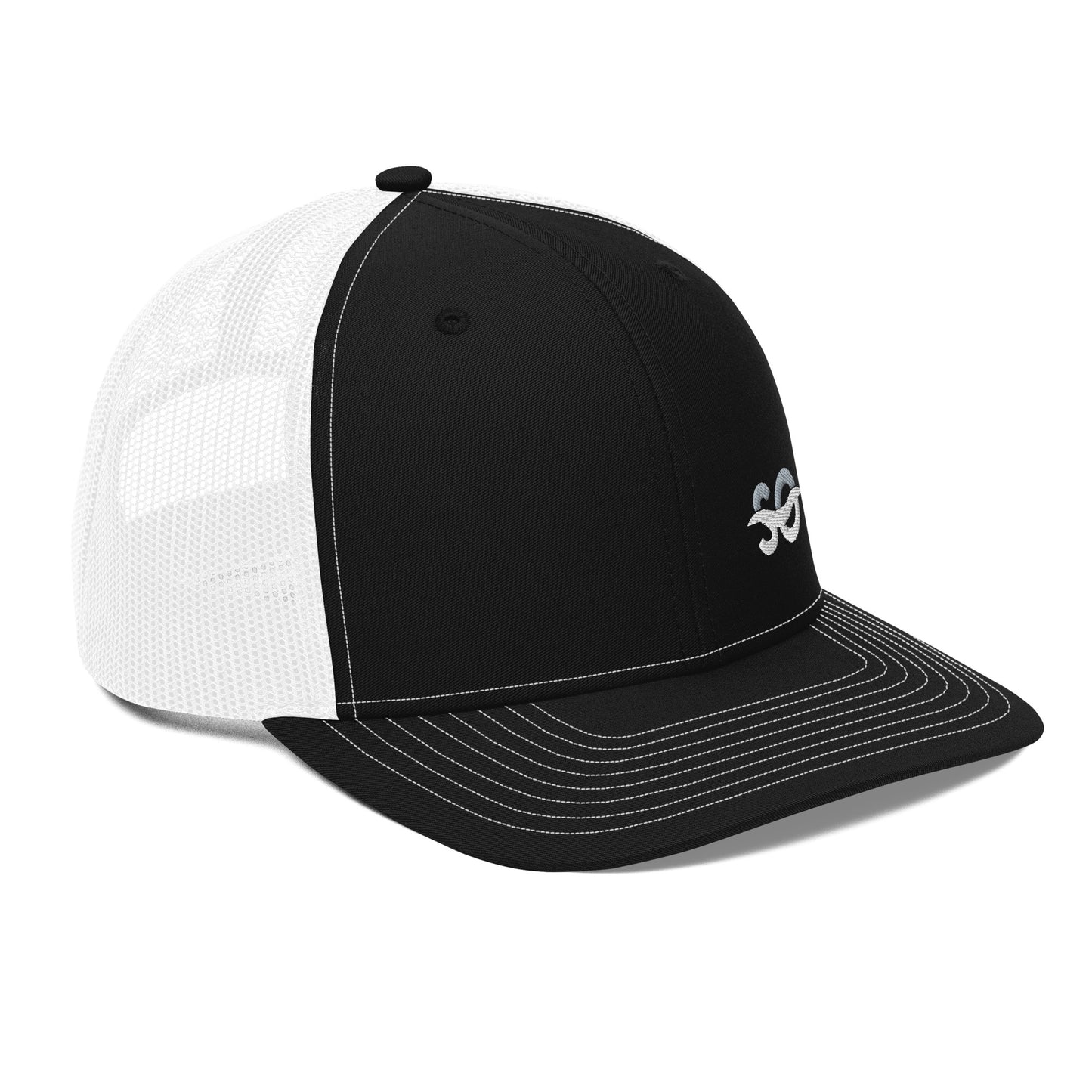 a black and white trucker hat with a white logo