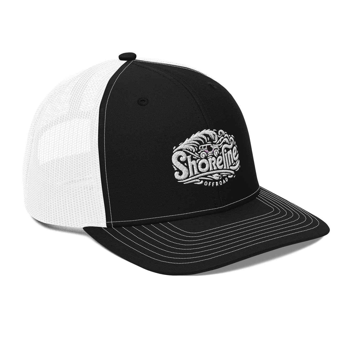 a black and white trucker hat with the words shoreline on it