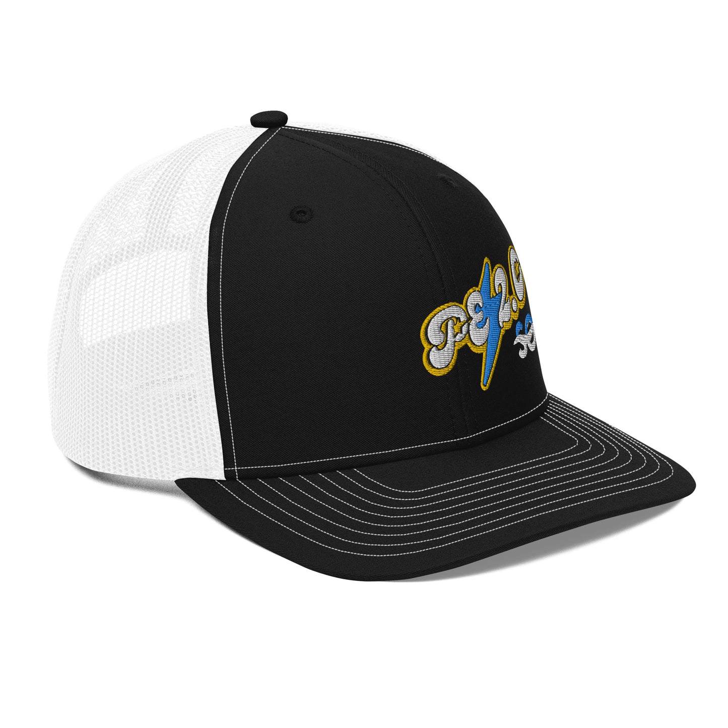 a black and white hat with a blue and yellow logo