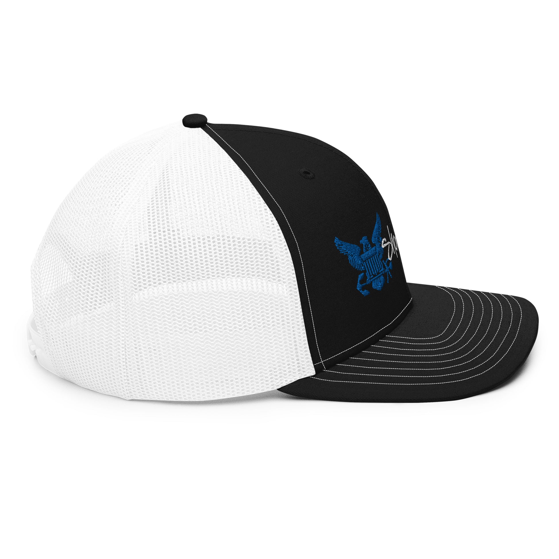 a black and white hat with a blue bird on it