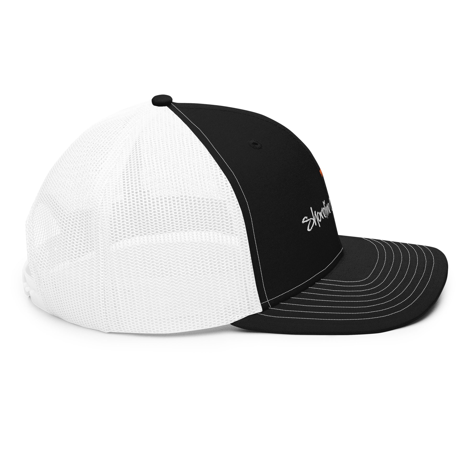 a black and white trucker hat on a white background