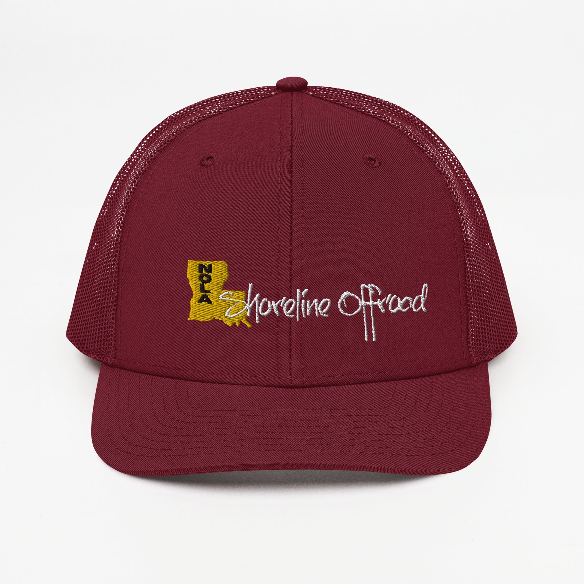 a maroon trucker hat with the name of the state of rhode on it