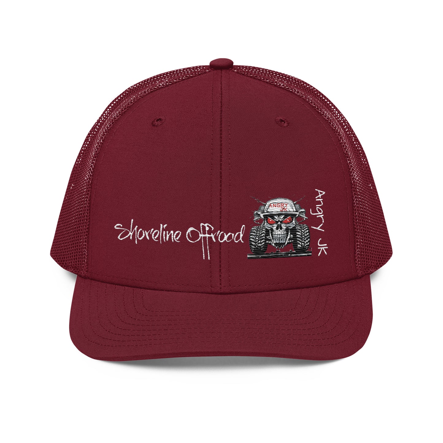 a red trucker hat with a picture of a monster trucker on it