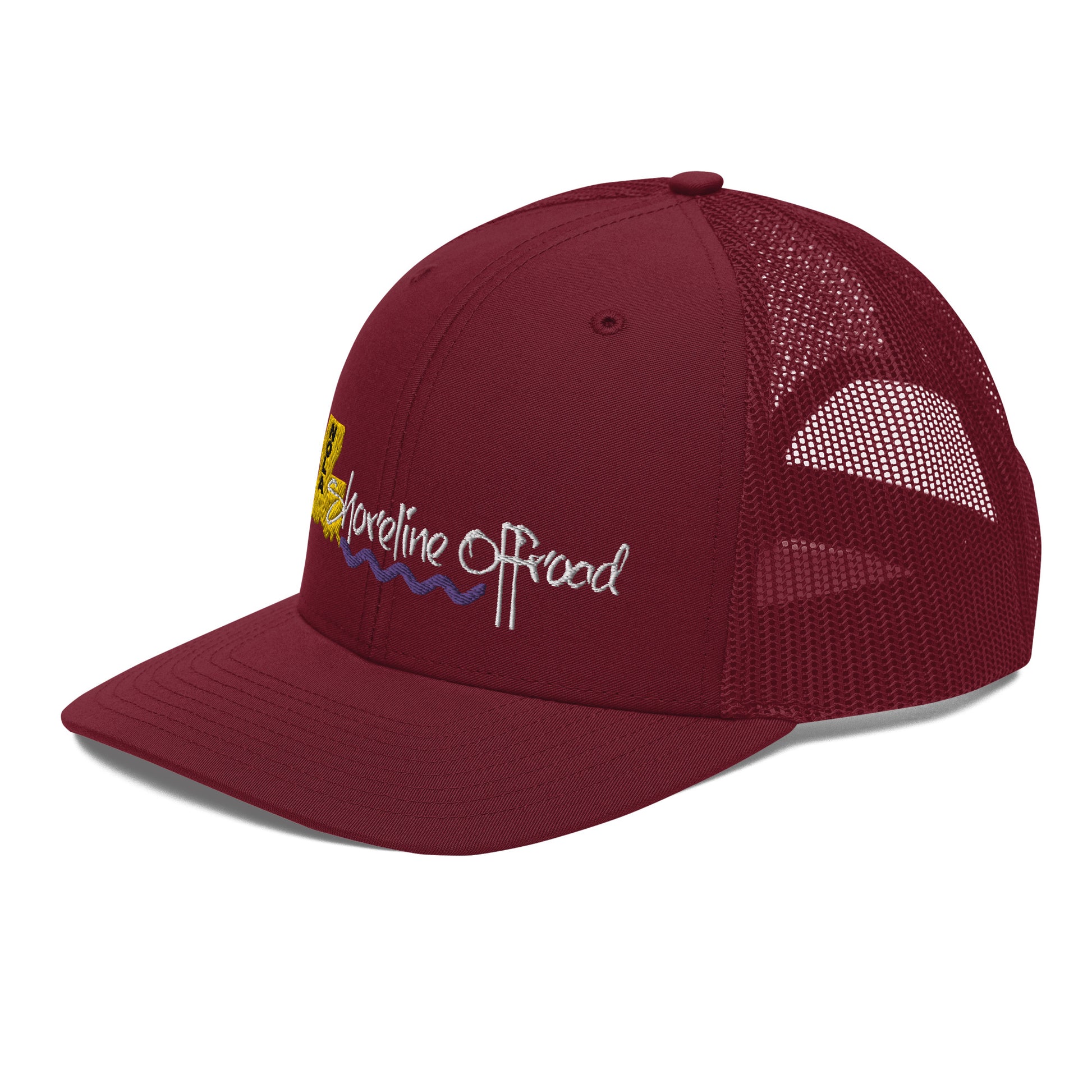 a red trucker hat with the words sunshine road on it