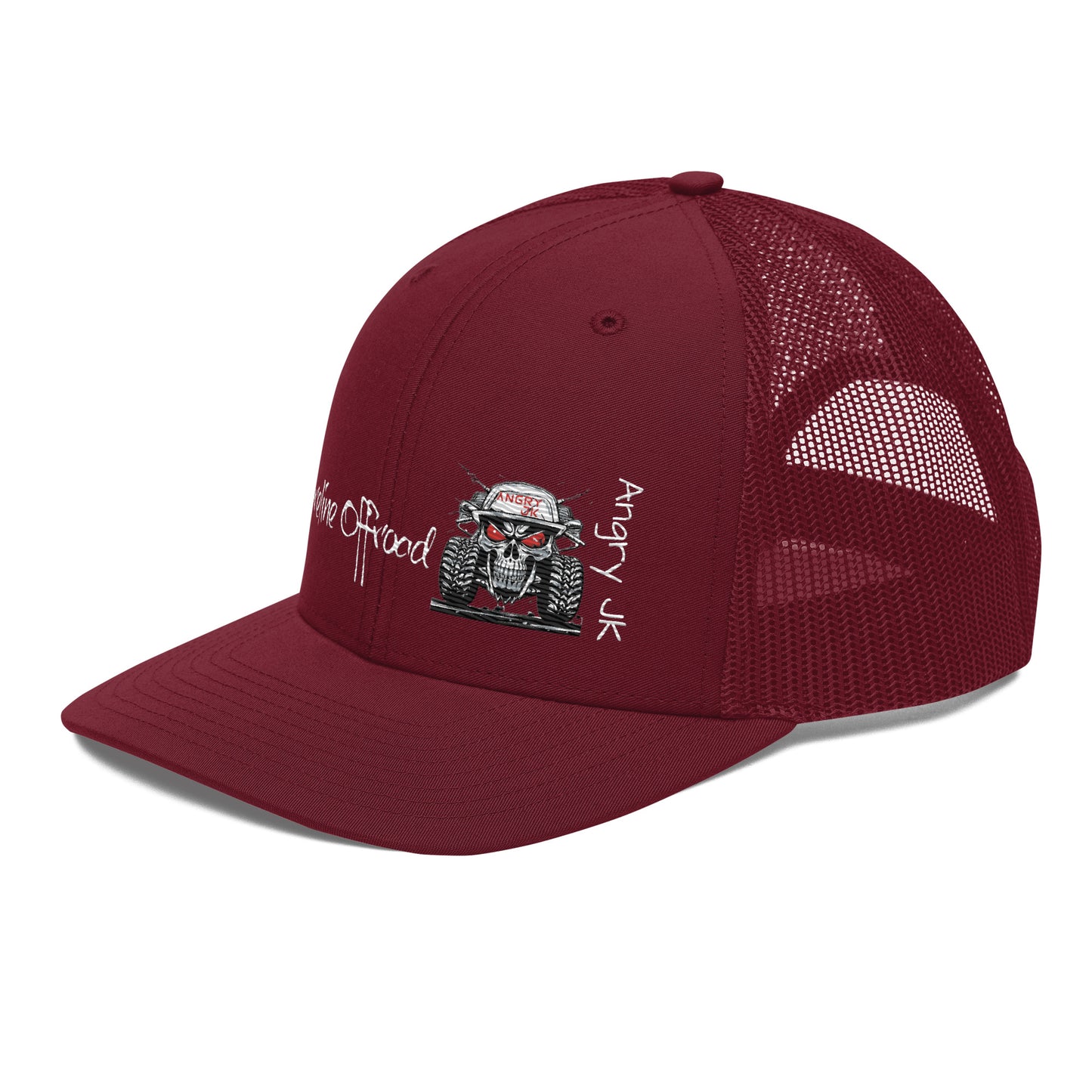 a red trucker hat with a skull on the front