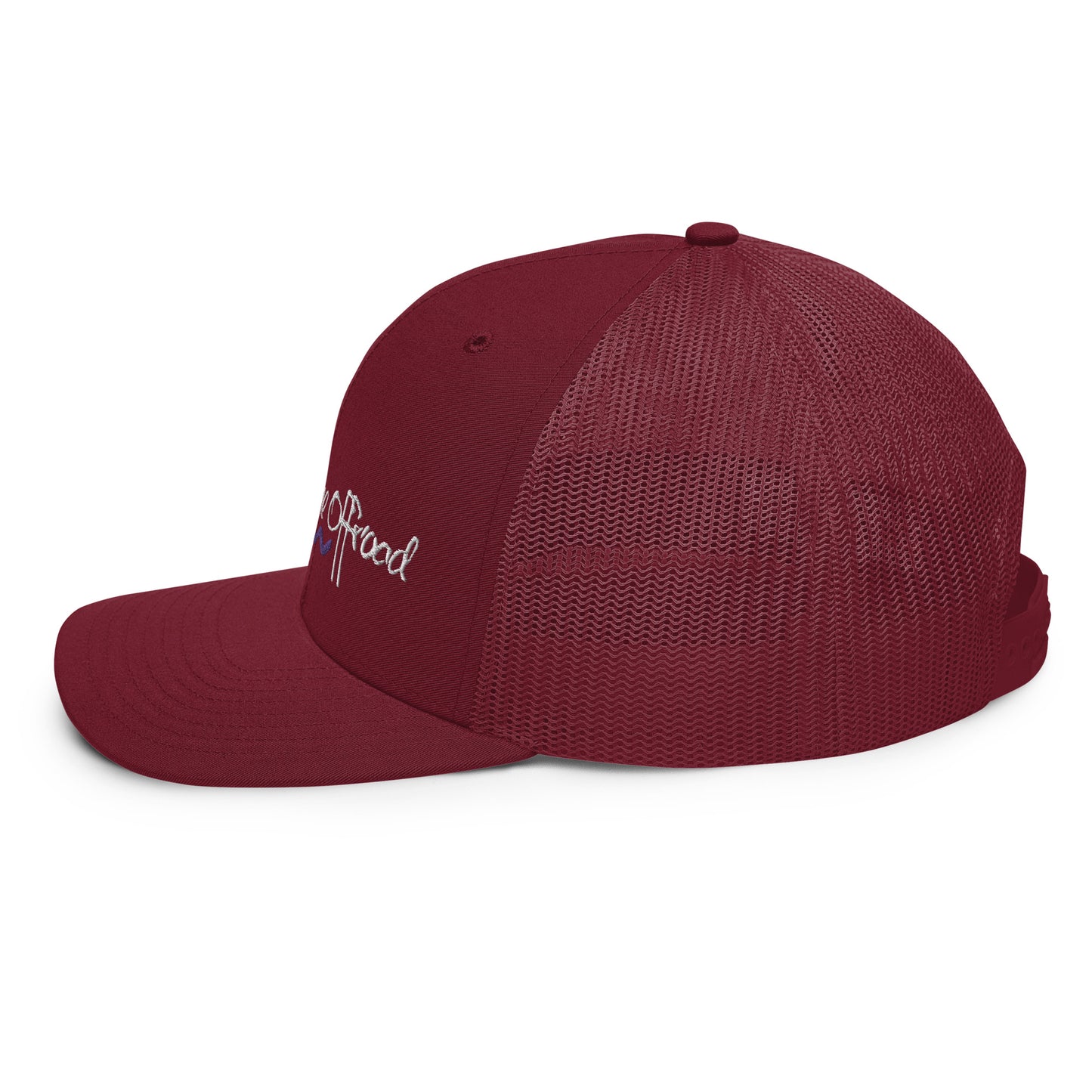 a maroon trucker hat with the word good on it