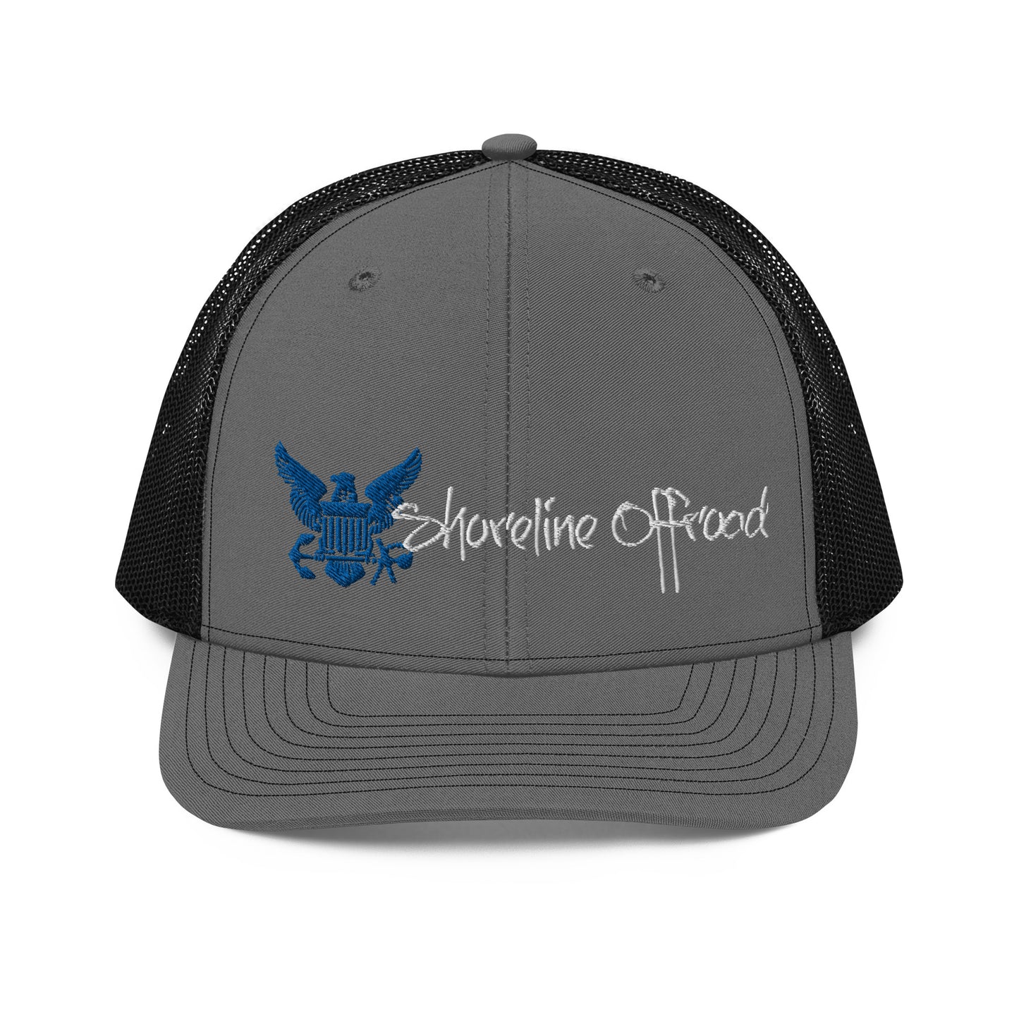 a gray and black trucker hat with a blue eagle on it