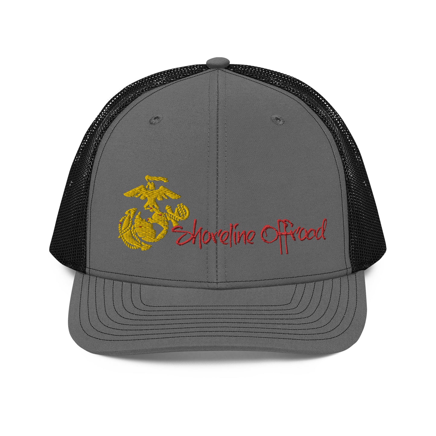 a gray trucker hat with a marine emblem