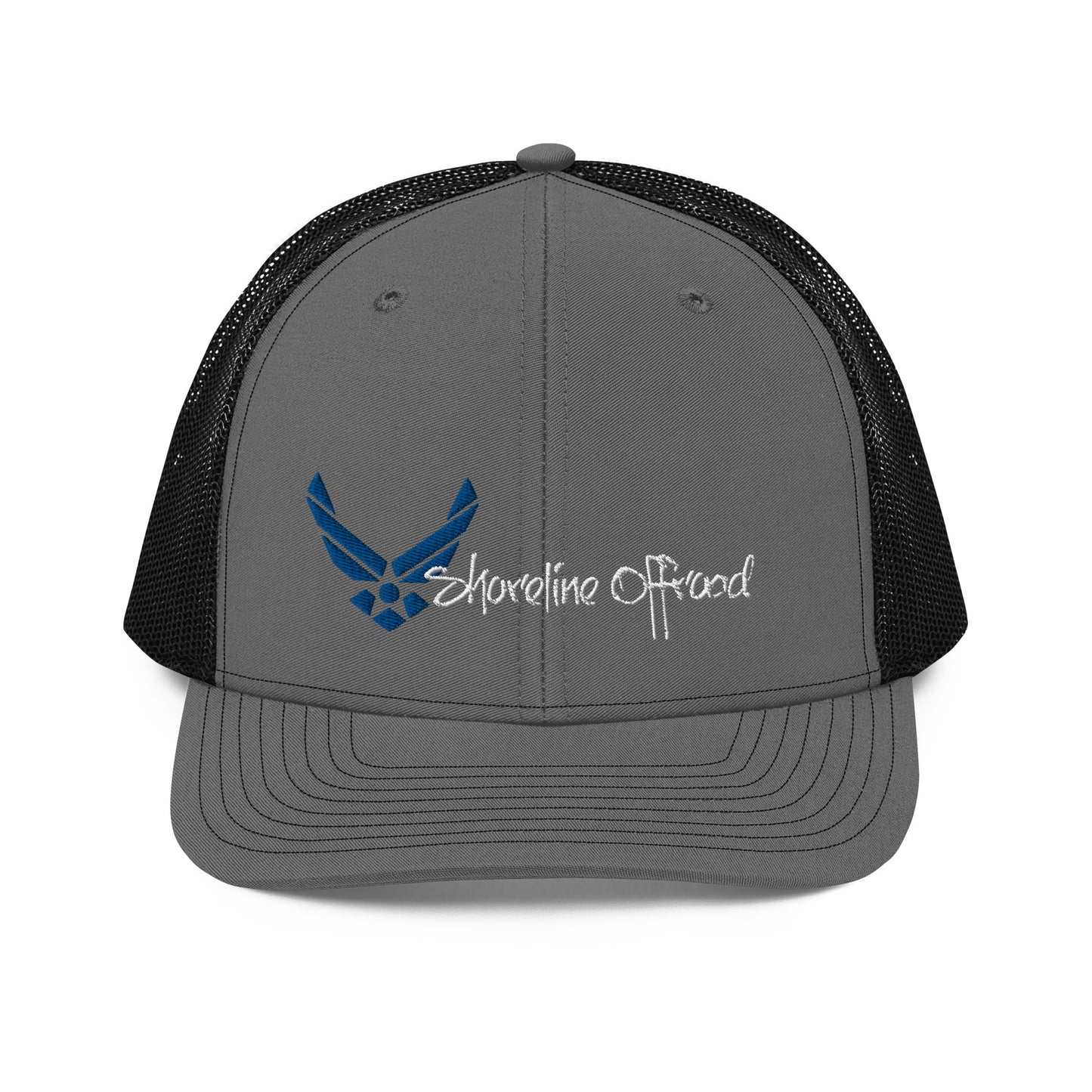 a gray and black trucker hat with a blue logo