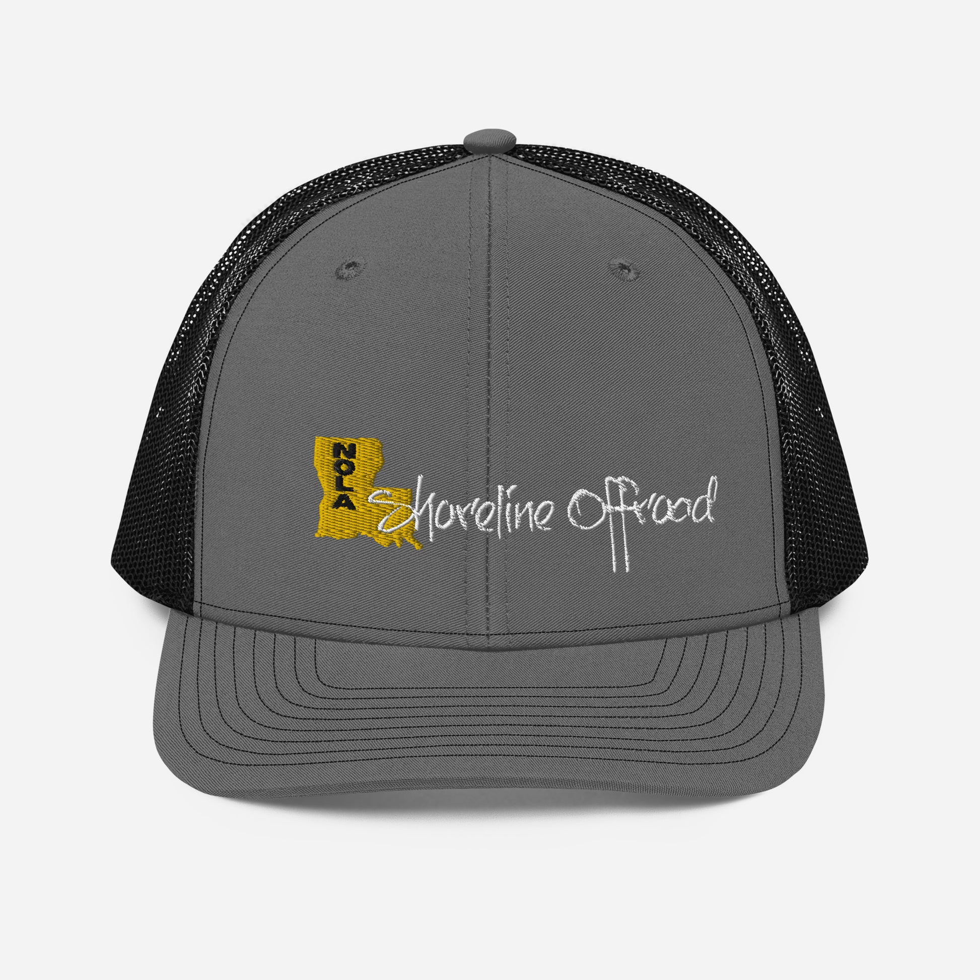 a gray trucker hat with a yellow and black logo