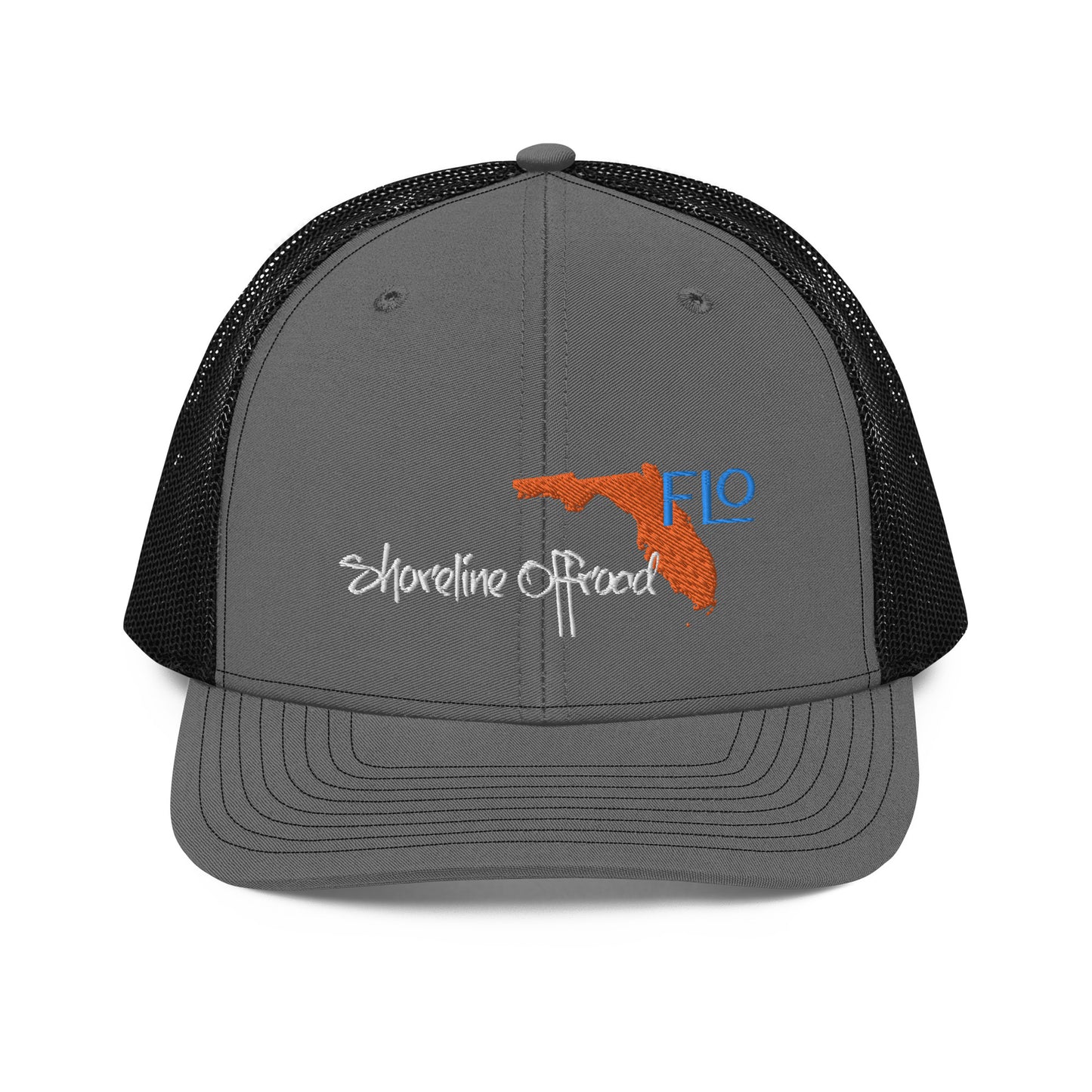 a gray and black trucker hat with the logo of a gun