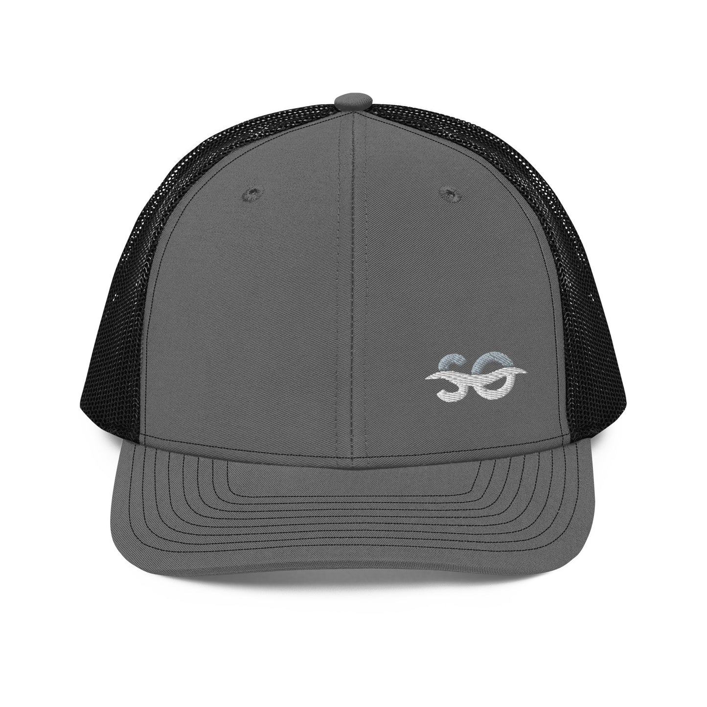 a gray and black trucker hat with a white snake embroidered on the front