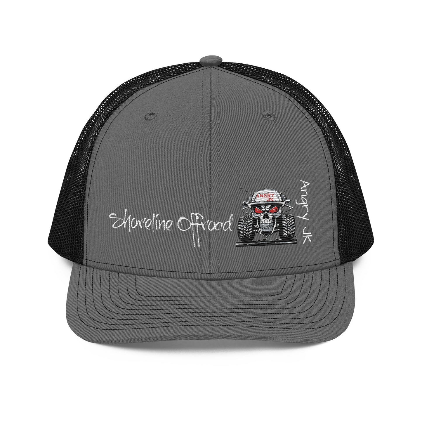 a gray trucker hat with a picture of a car