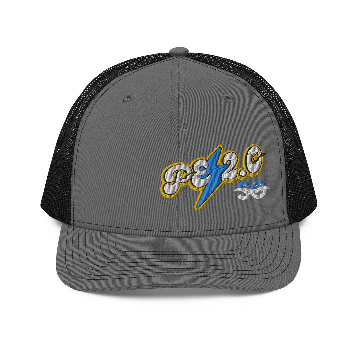 a gray and black hat with a blue and yellow logo