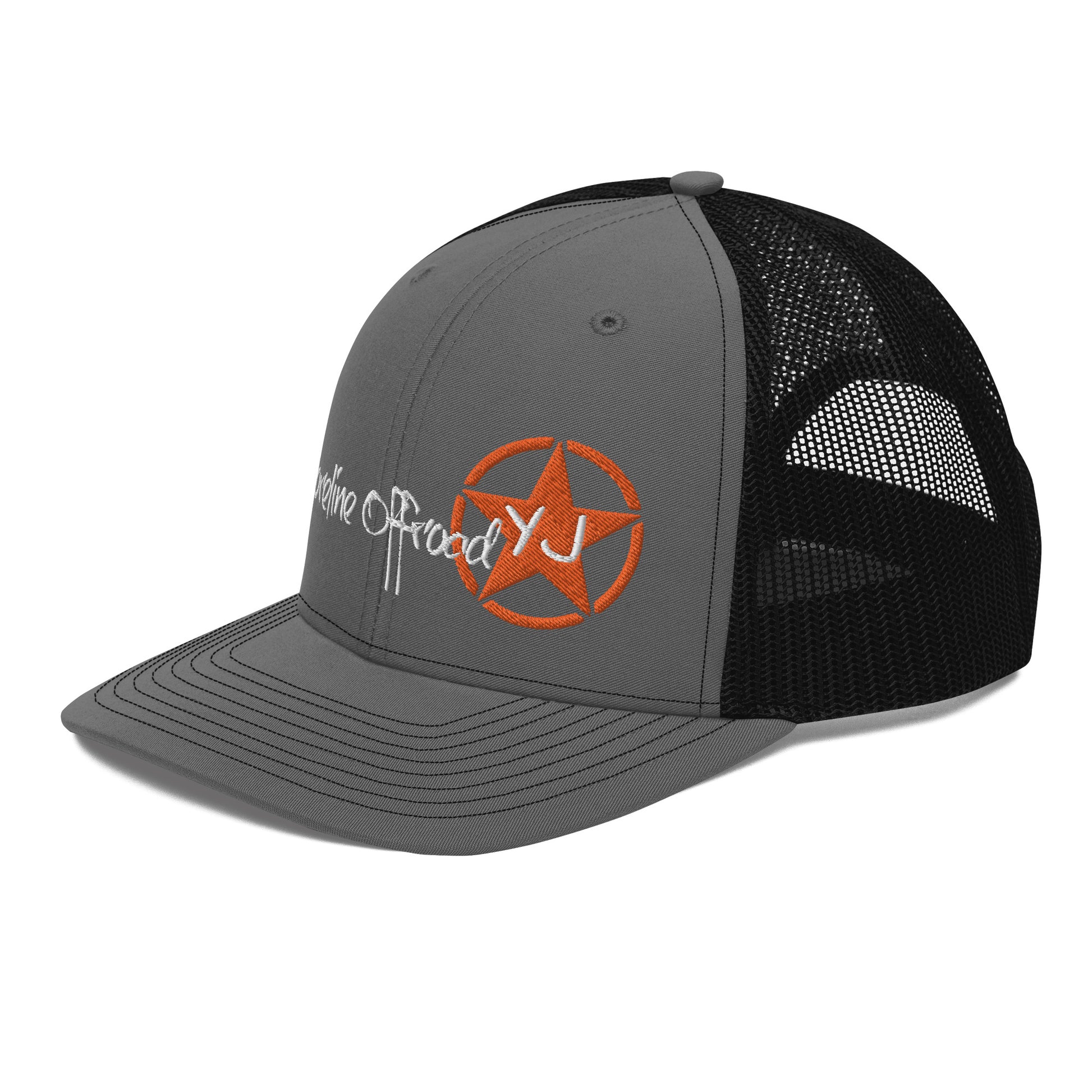 a grey and black hat with an orange star on it