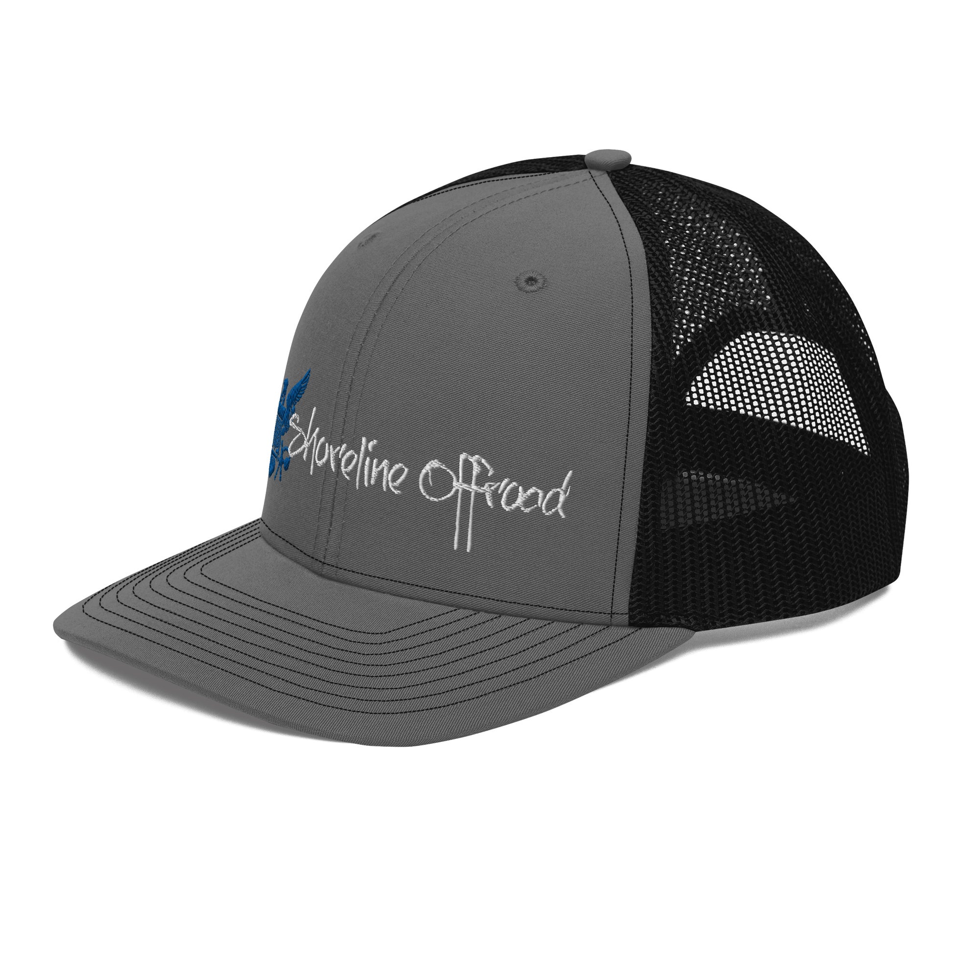 a gray and black trucker hat with a blue and white logo