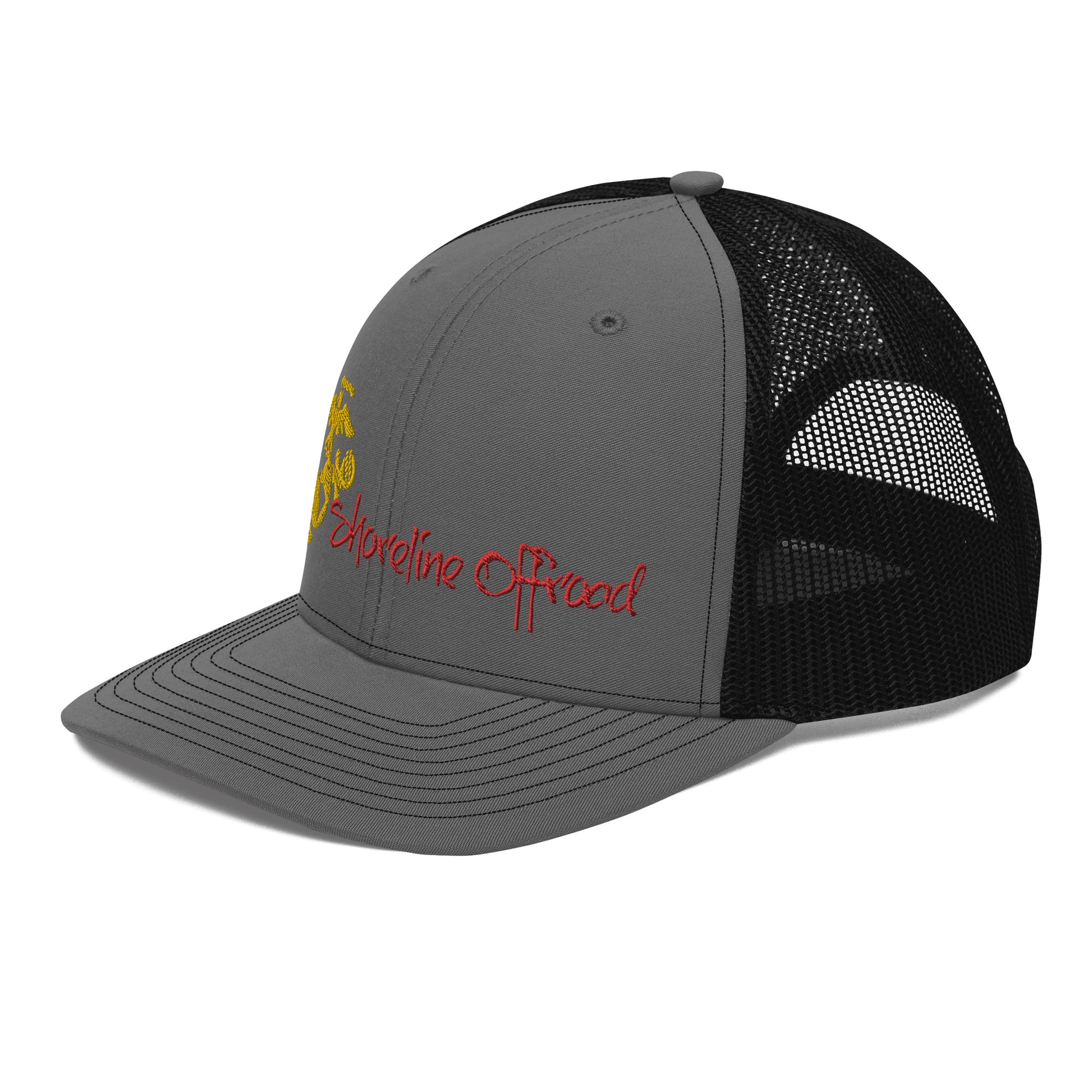 a gray and black trucker hat with a yellow and red logo