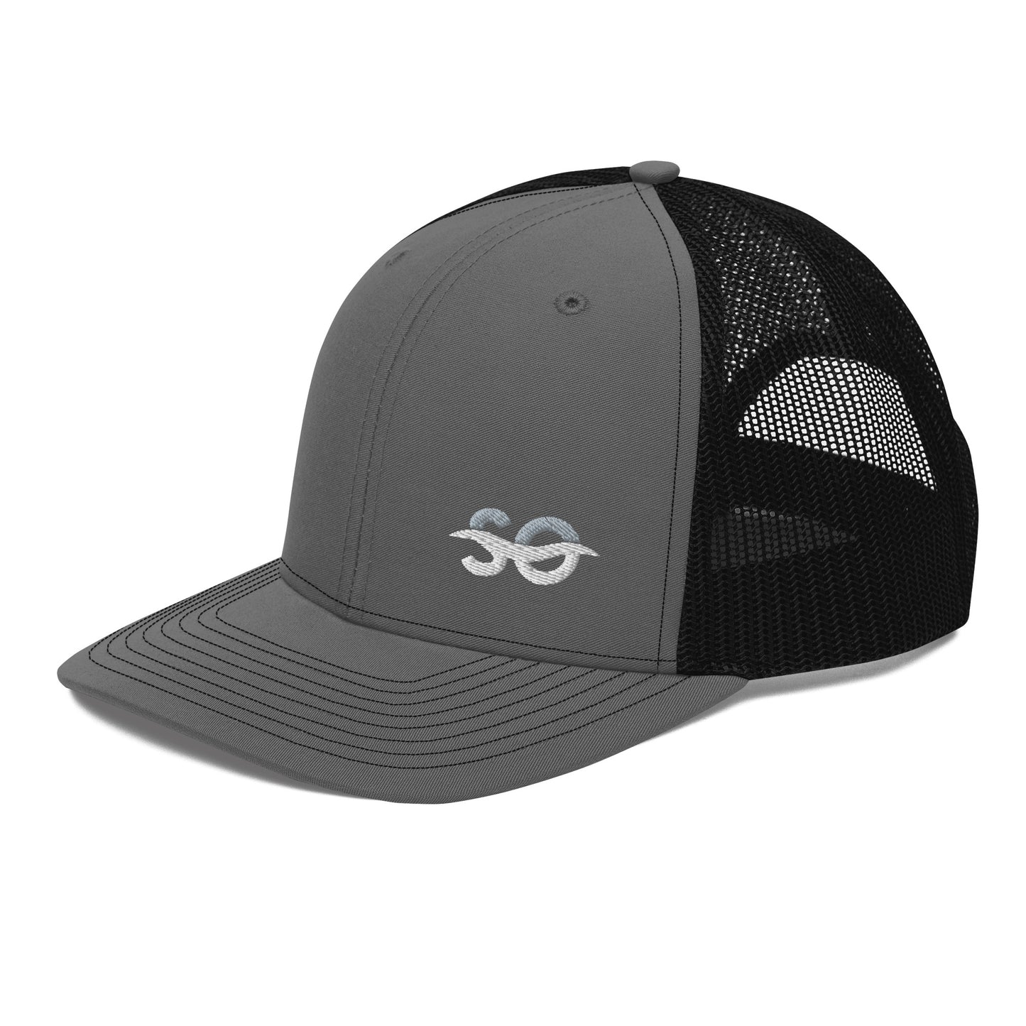 a grey and black hat with an om symbol on it