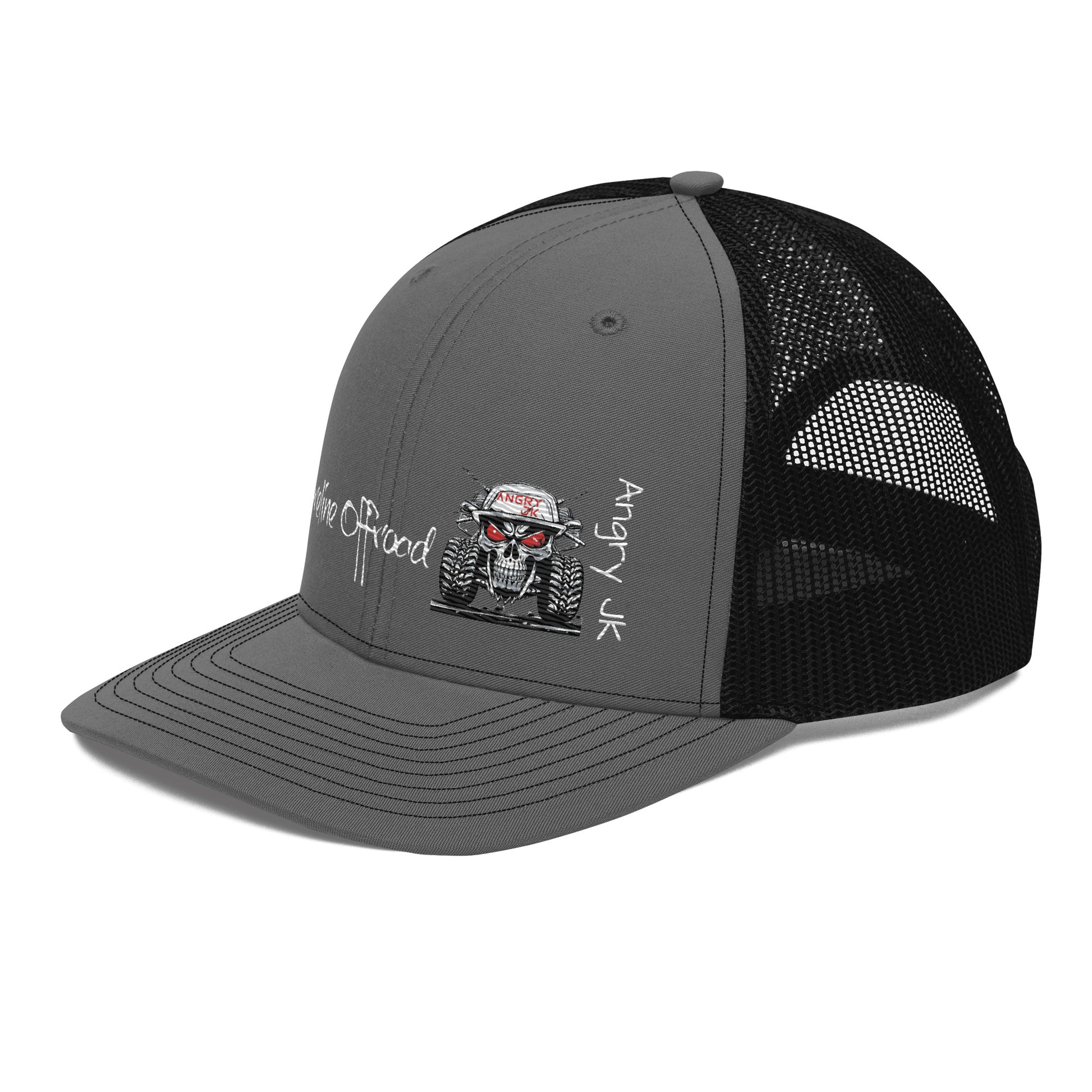 a gray and black trucker hat with a skull on it