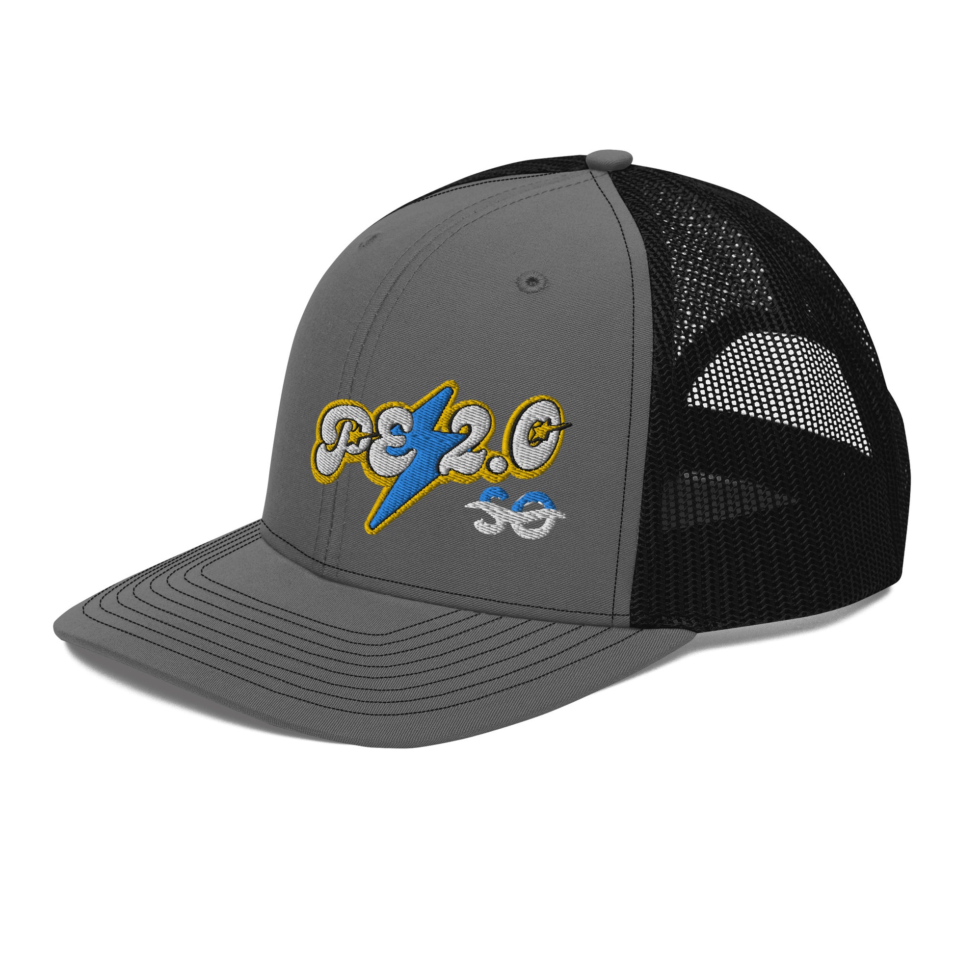 a gray and black hat with a blue and yellow logo