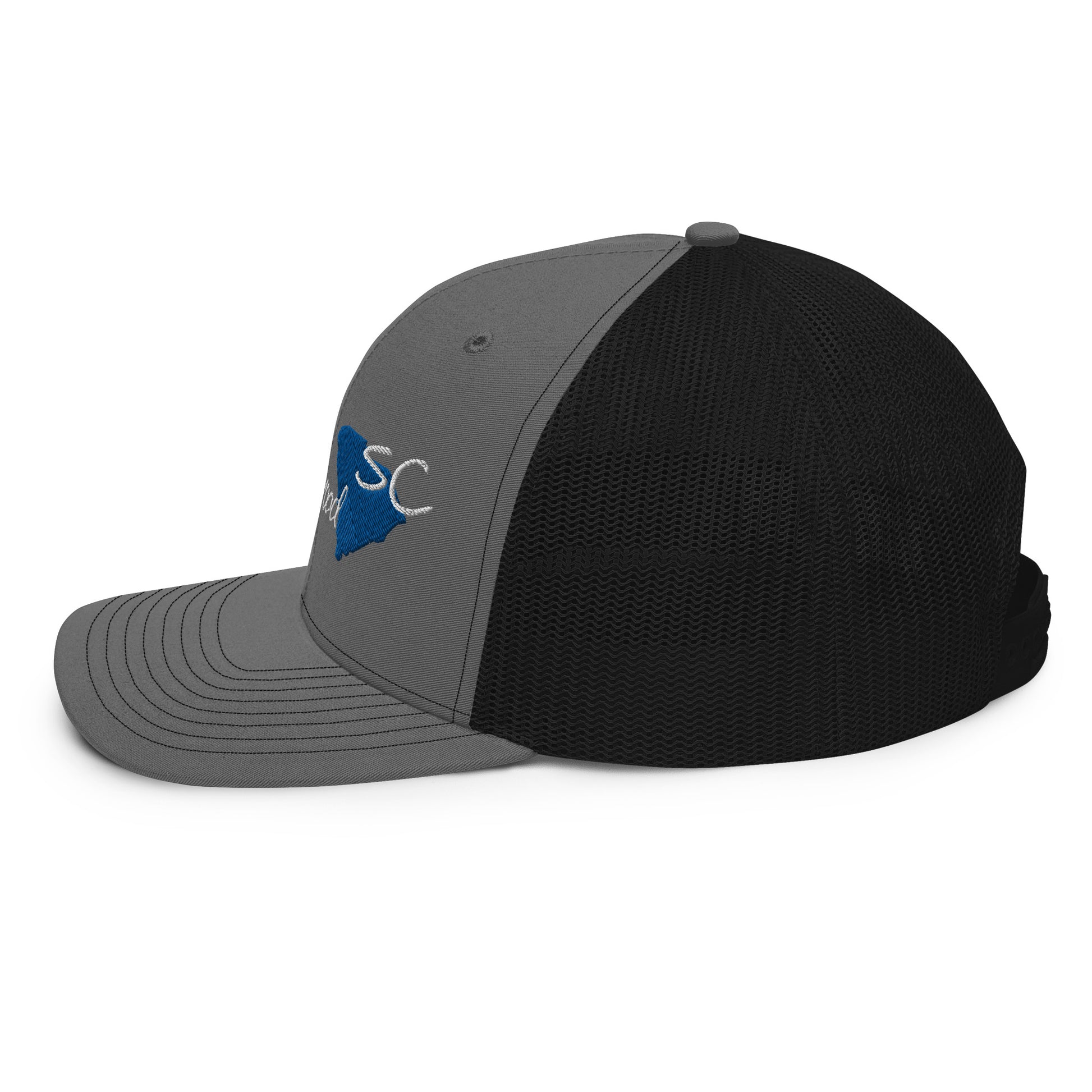 a black and grey hat with a blue and white logo