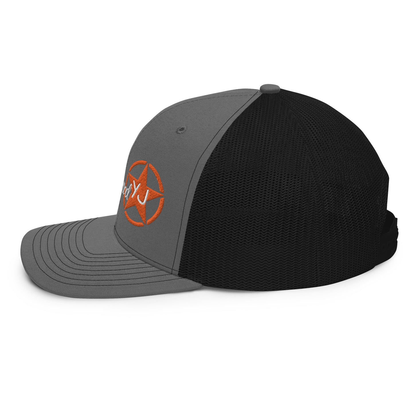 a black and grey hat with an orange logo