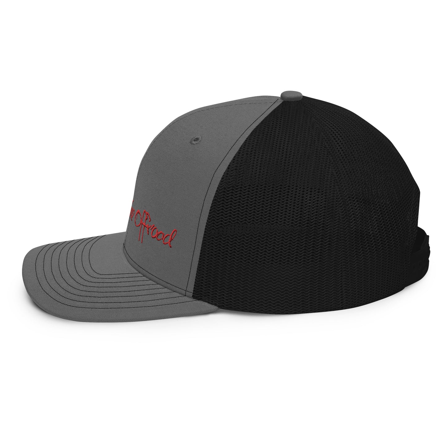 a black and grey hat with a red embroidered logo