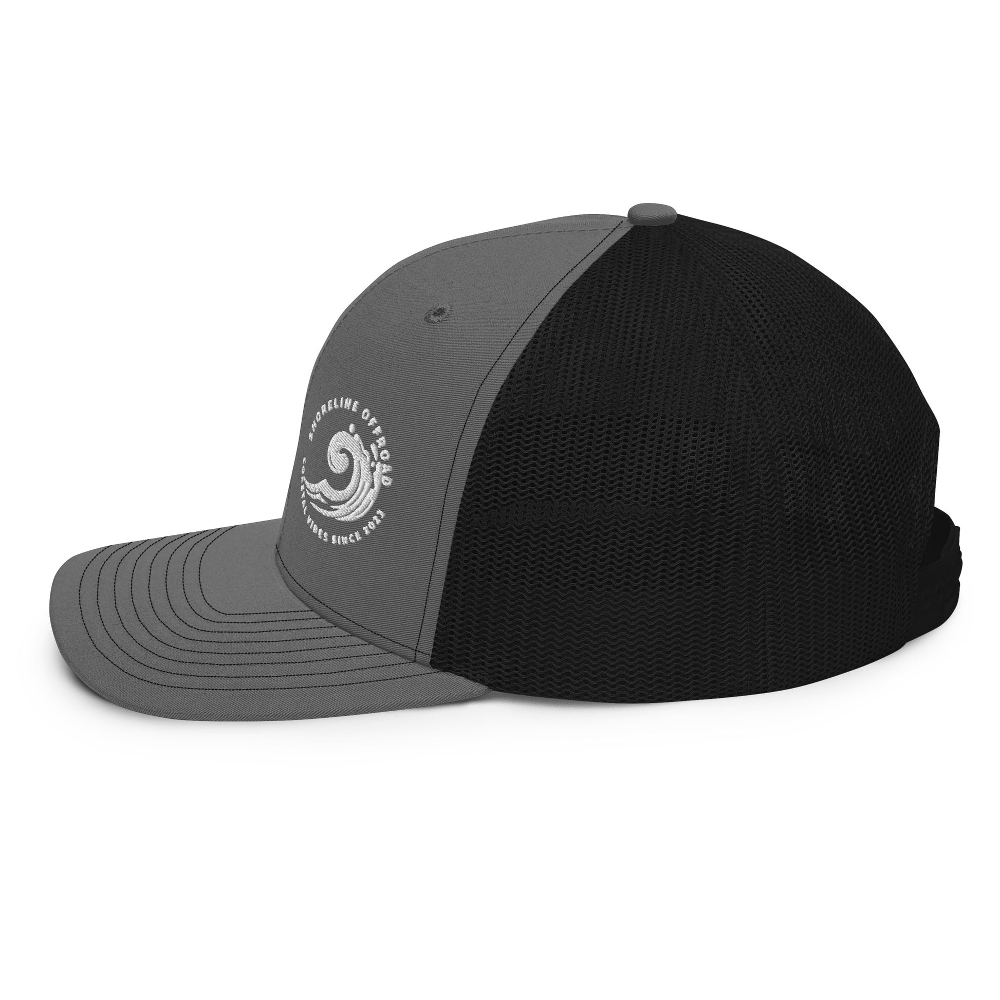 a black and grey hat with a white logo