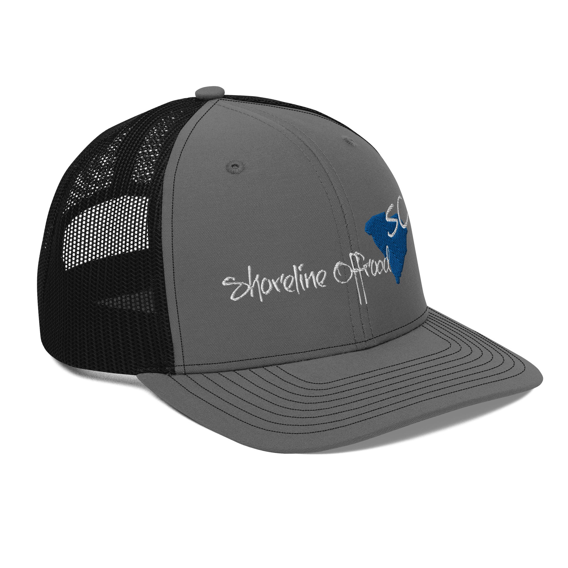 a gray and black trucker hat with a blue bird on it