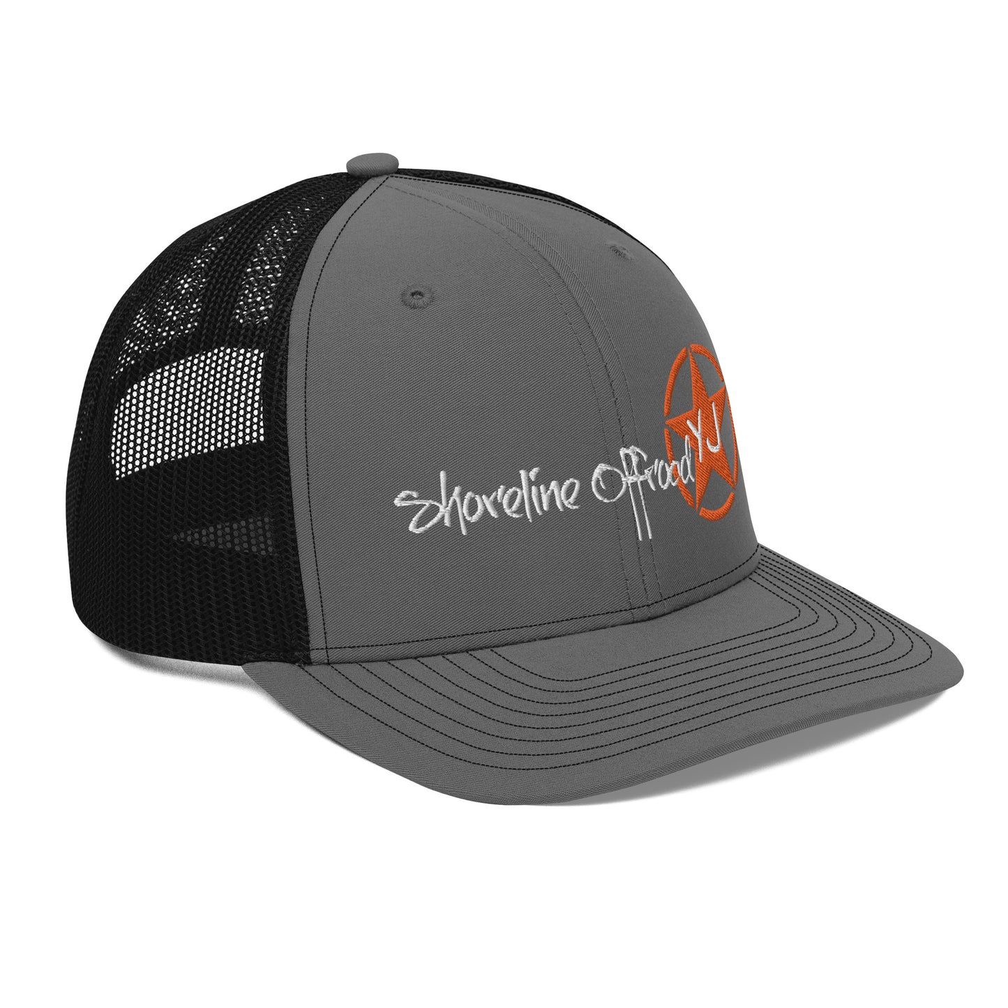 a grey and black trucker hat with the words shoreline beach on it