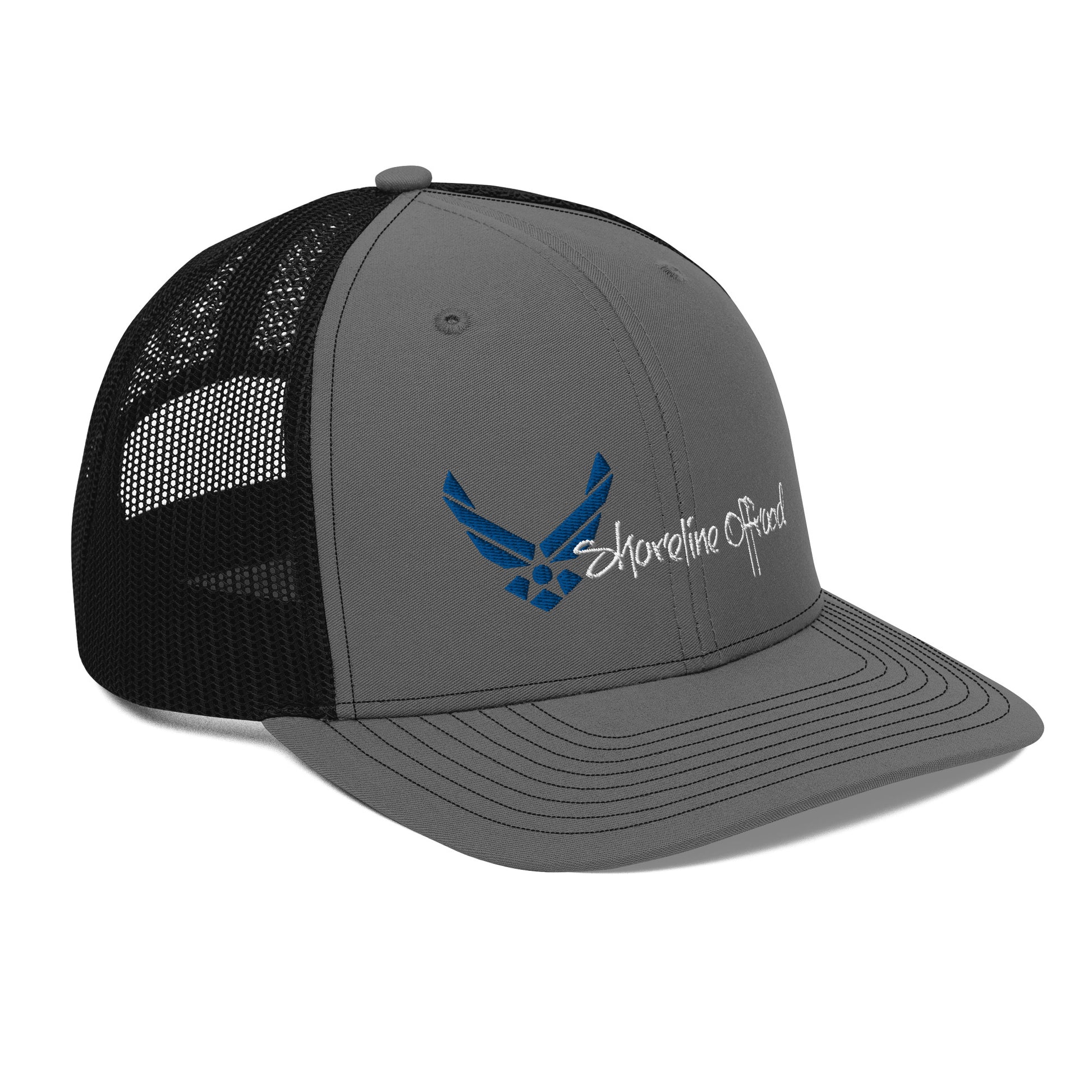 a gray and black trucker hat with an eagle on it