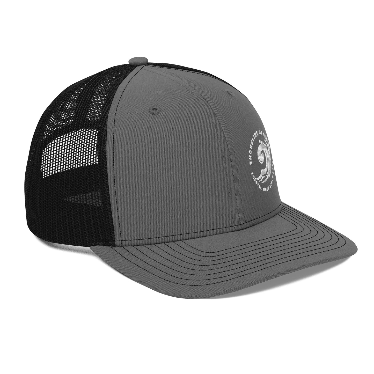 a grey and black trucker hat with an eye on the front