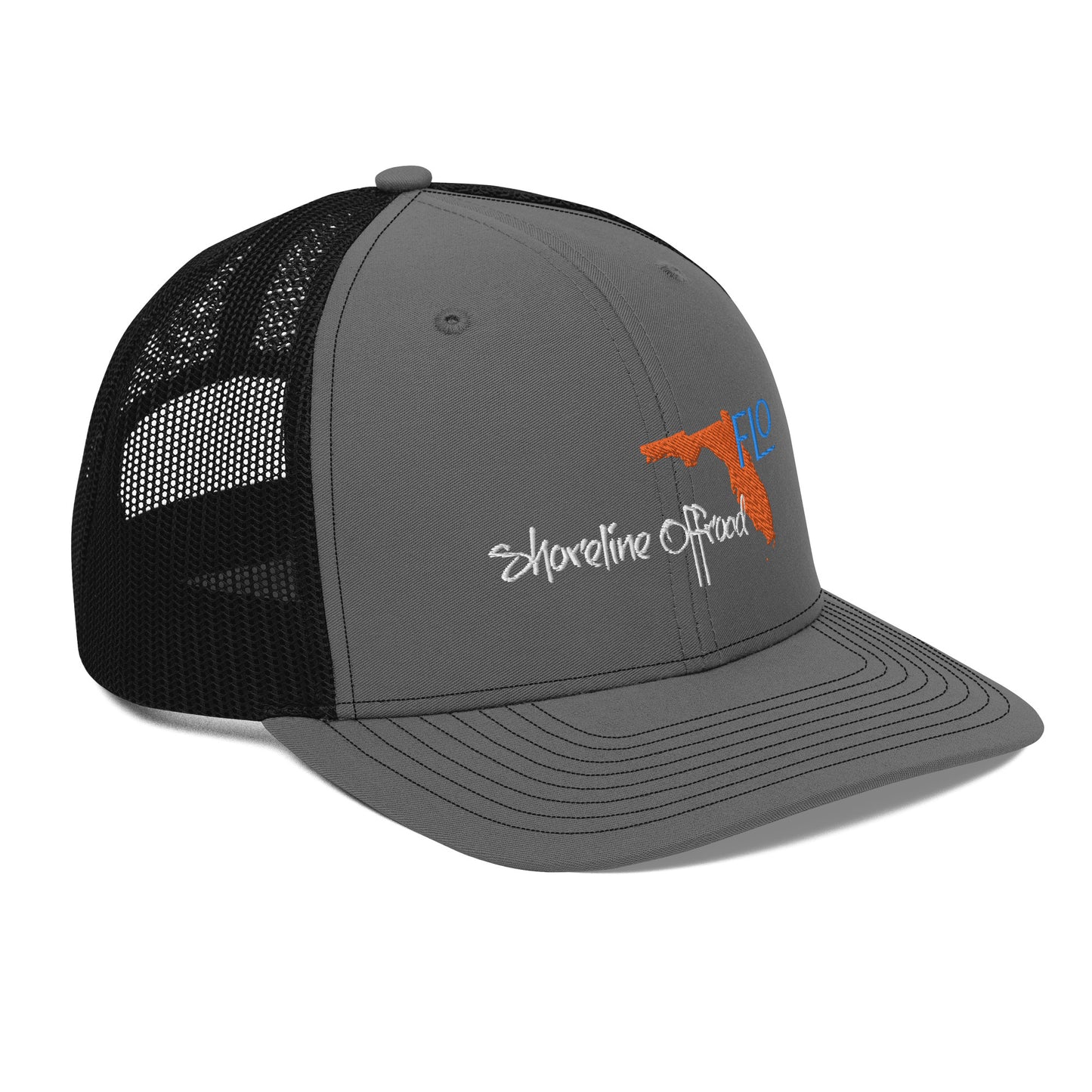 a gray and black trucker hat with an orange and blue logo