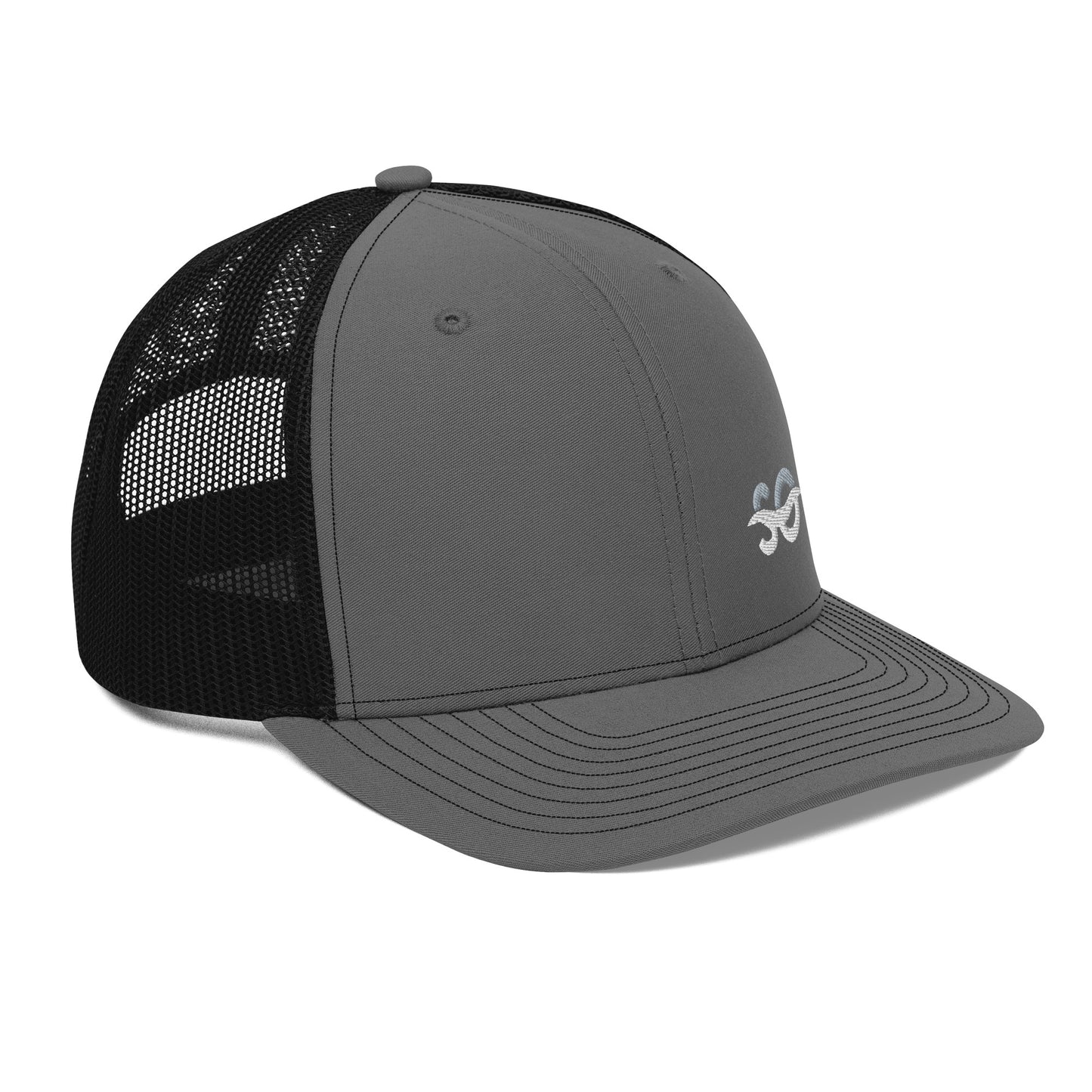 a grey and black hat with a white logo