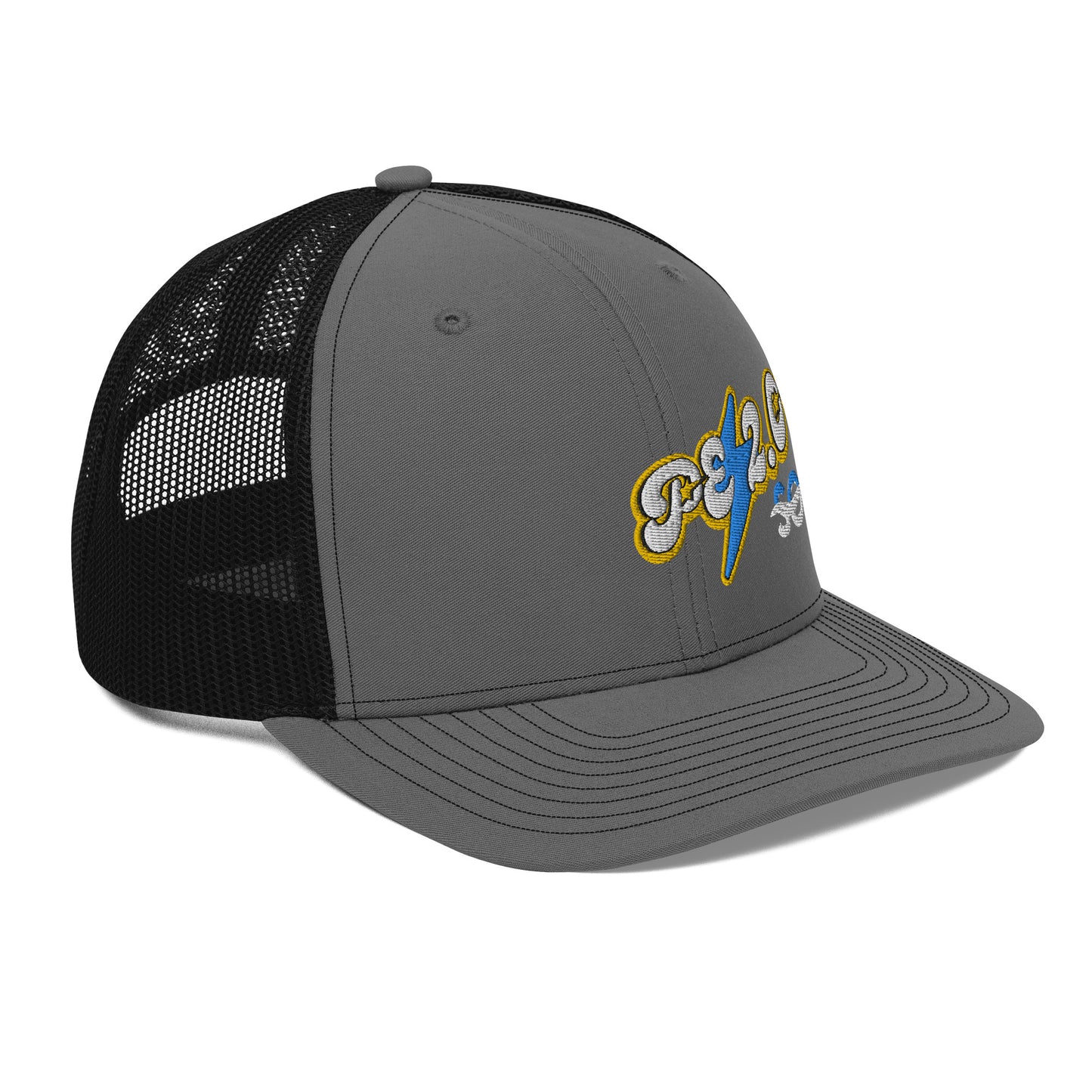 a gray and black hat with a logo on it