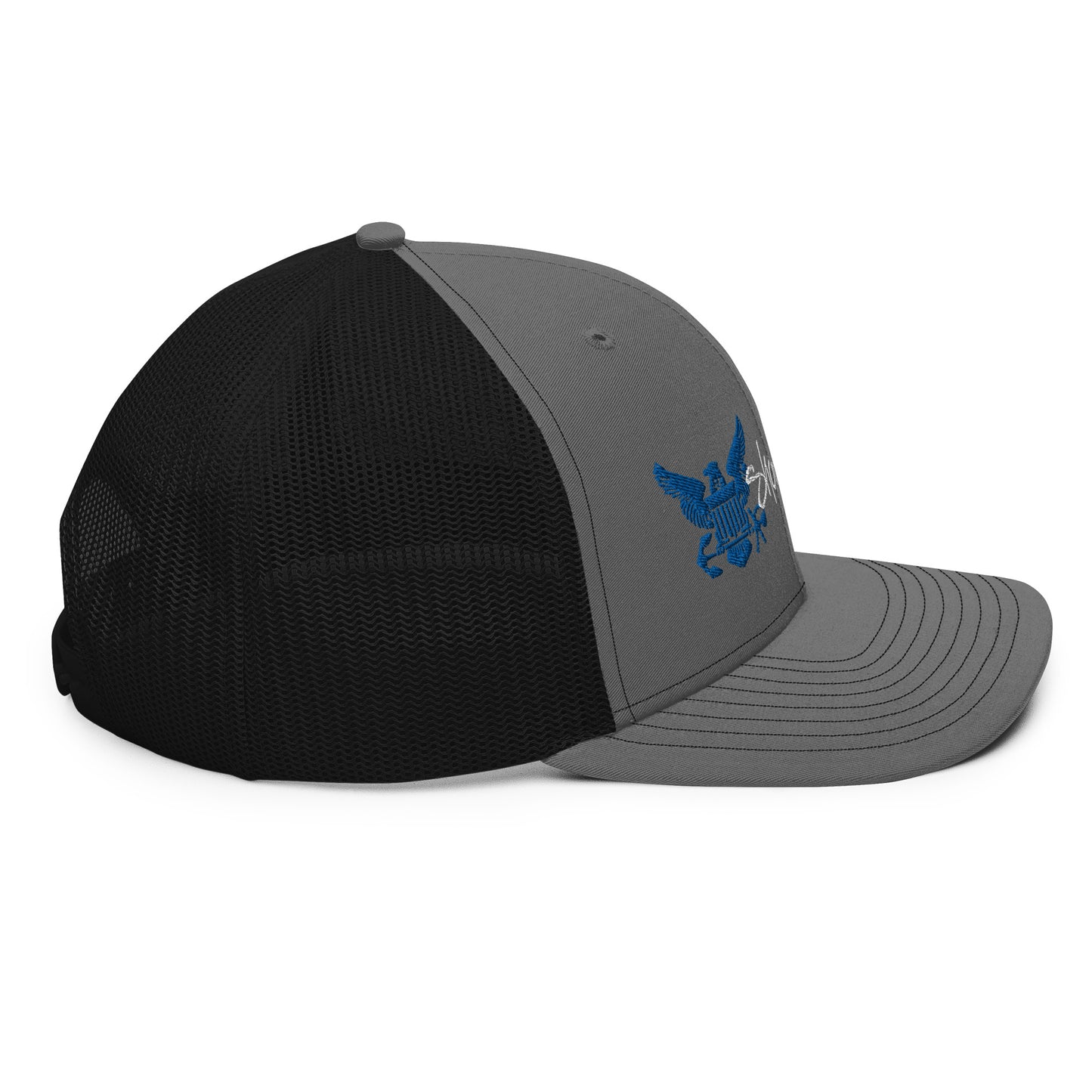 a black and grey hat with a blue eagle on it