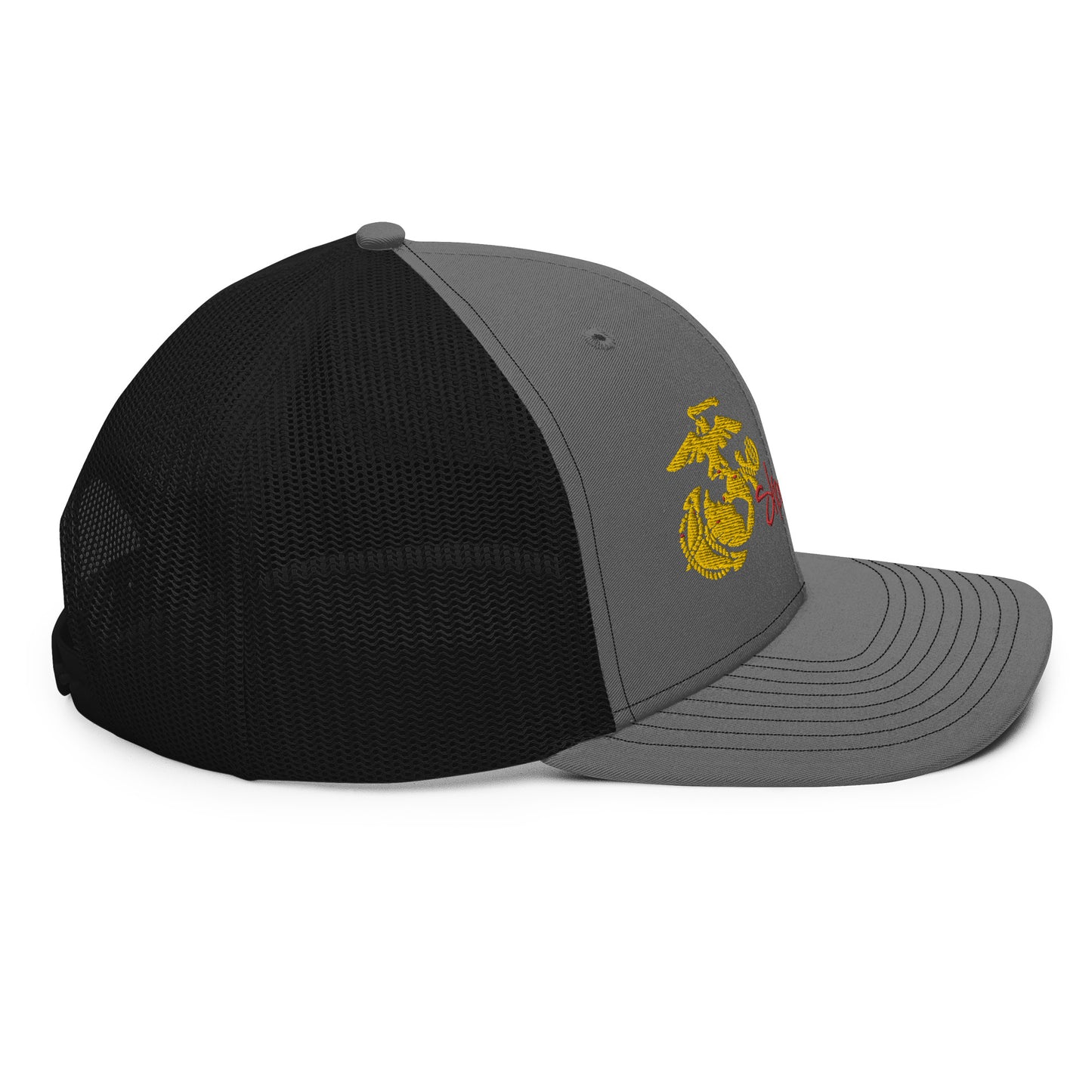 a grey and black hat with a yellow dragon on it