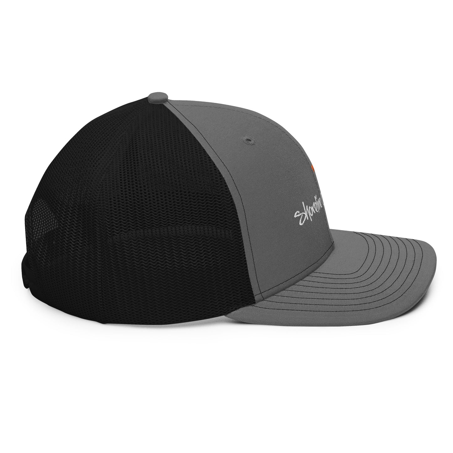 a black and grey hat with a white logo